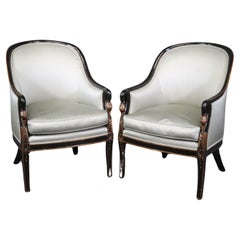 Vintage Pair of French Regency Style Ebonized Swan Bergeres Armchairs