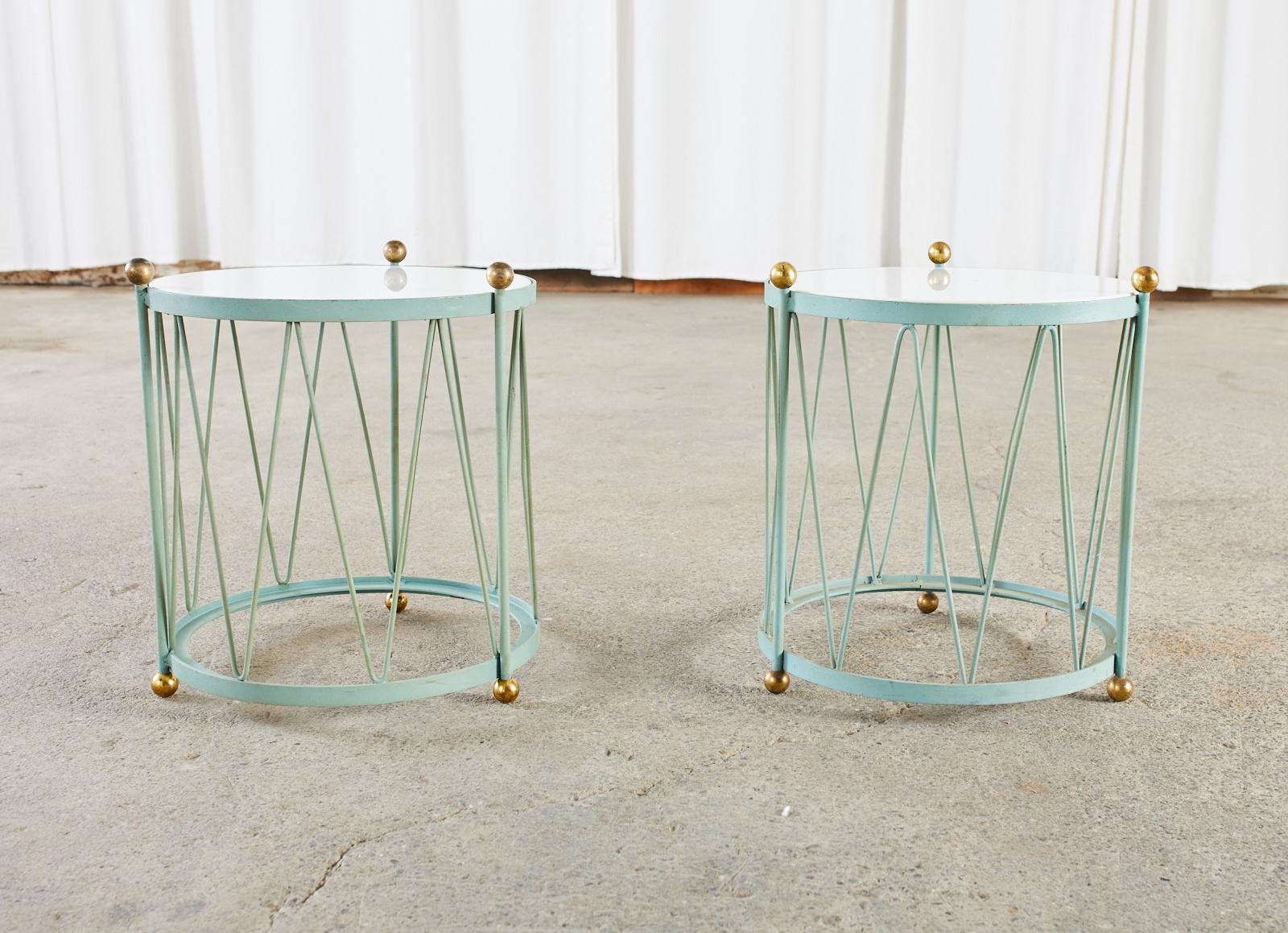 Brass Pair of French Regency Style Iron Drum Drinks Tables