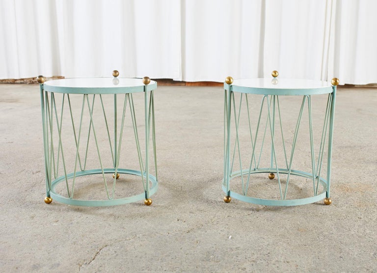 Wrought Iron Pair of French Regency Style Iron Drum Drinks Tables For Sale