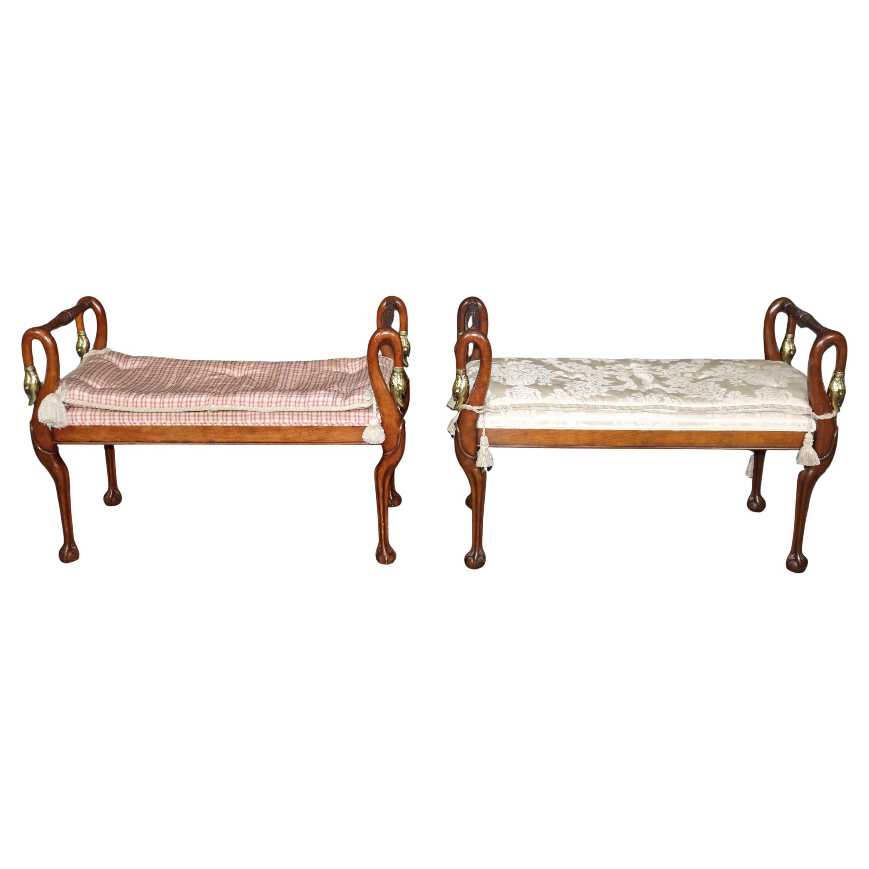 Pair of French Regency Style Walnut Upholstered Benches with Brass Swans Heads