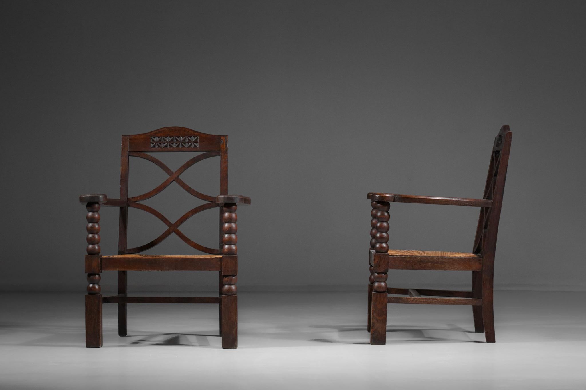 Straw Pair of French Regionalist Armchairs from the 1940s