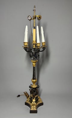 Pair of French Renaissance Revival Gilt & Patinated Bronze Candelabra lamps