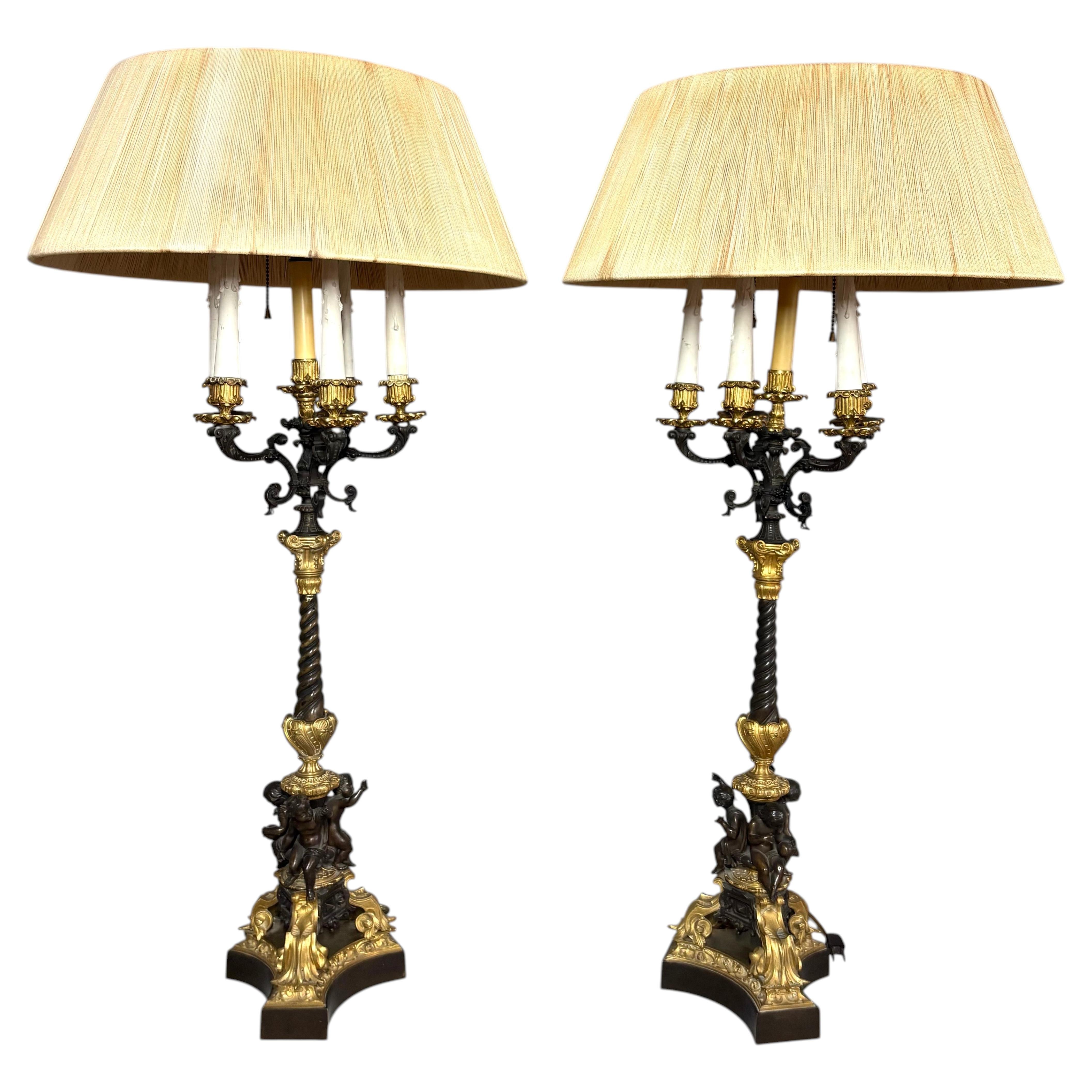 Pair of French Renaissance Revival Gilt & Patinated Bronze Candelabra lamps