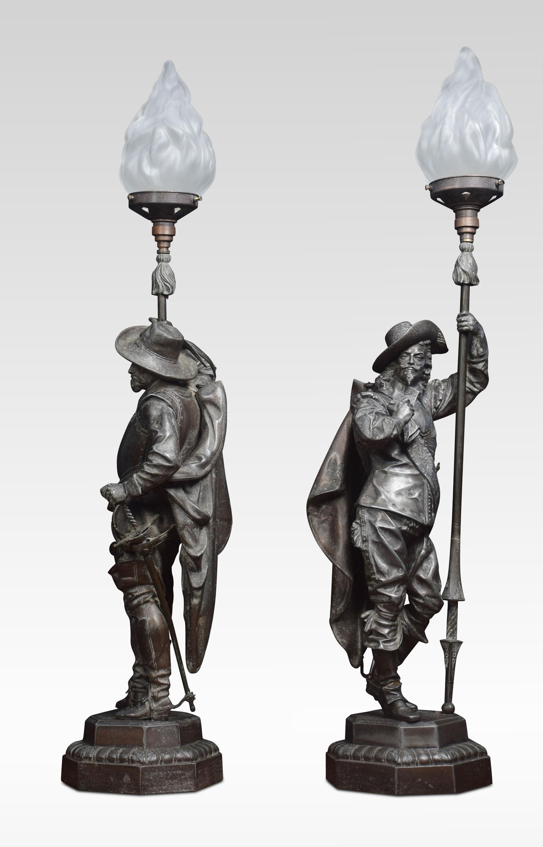 Spelter Pair of French Renaissance Soldier Holding a Lamp