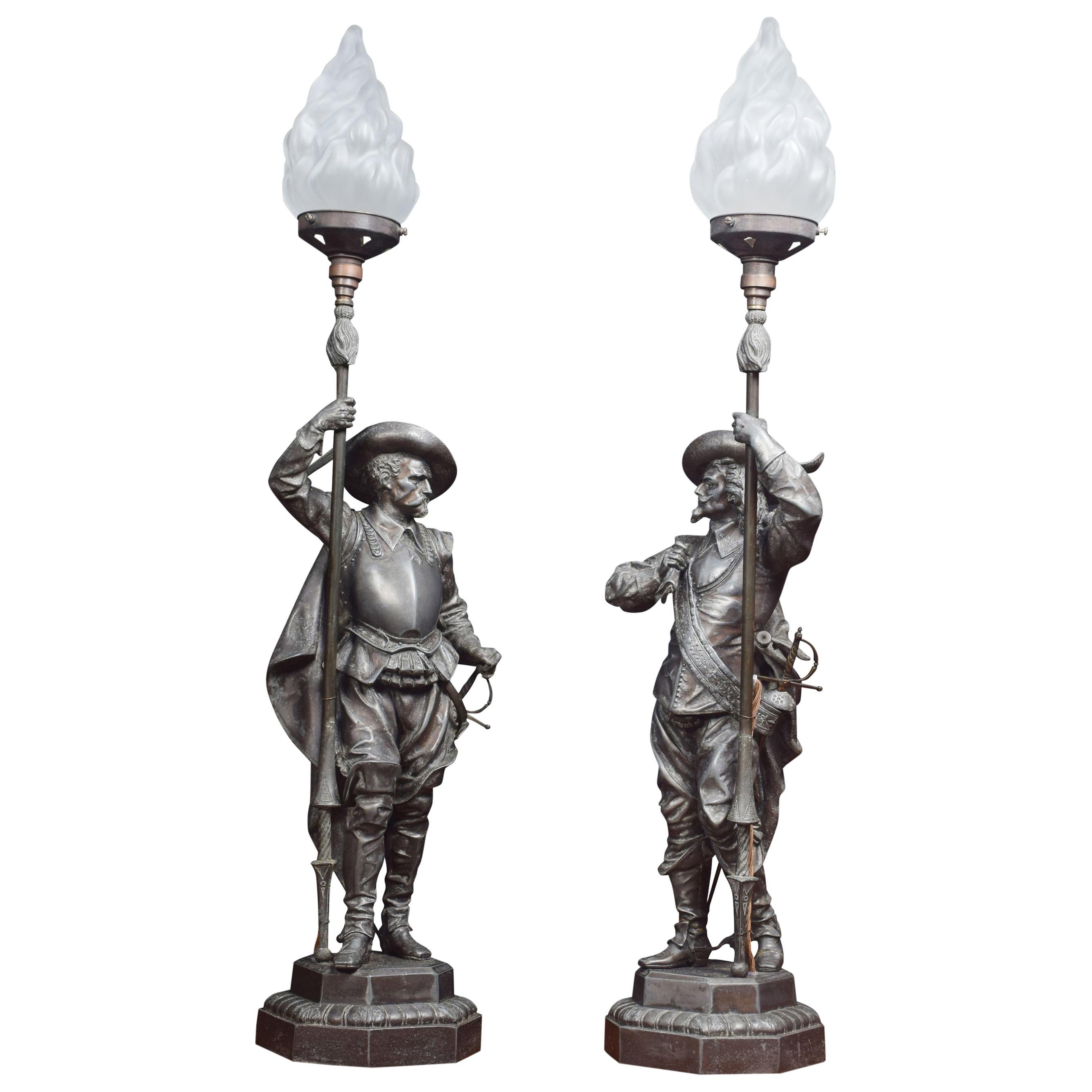 Pair of French Renaissance Soldier Holding a Lamp