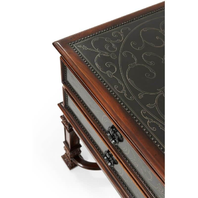 A pair of French Renaissance style mahogany and poplar burl bedside chest with etched brass panel decoration, the square top above two drawers and side carrying handles, on carved and square paneled legs.

Dimensions: 24