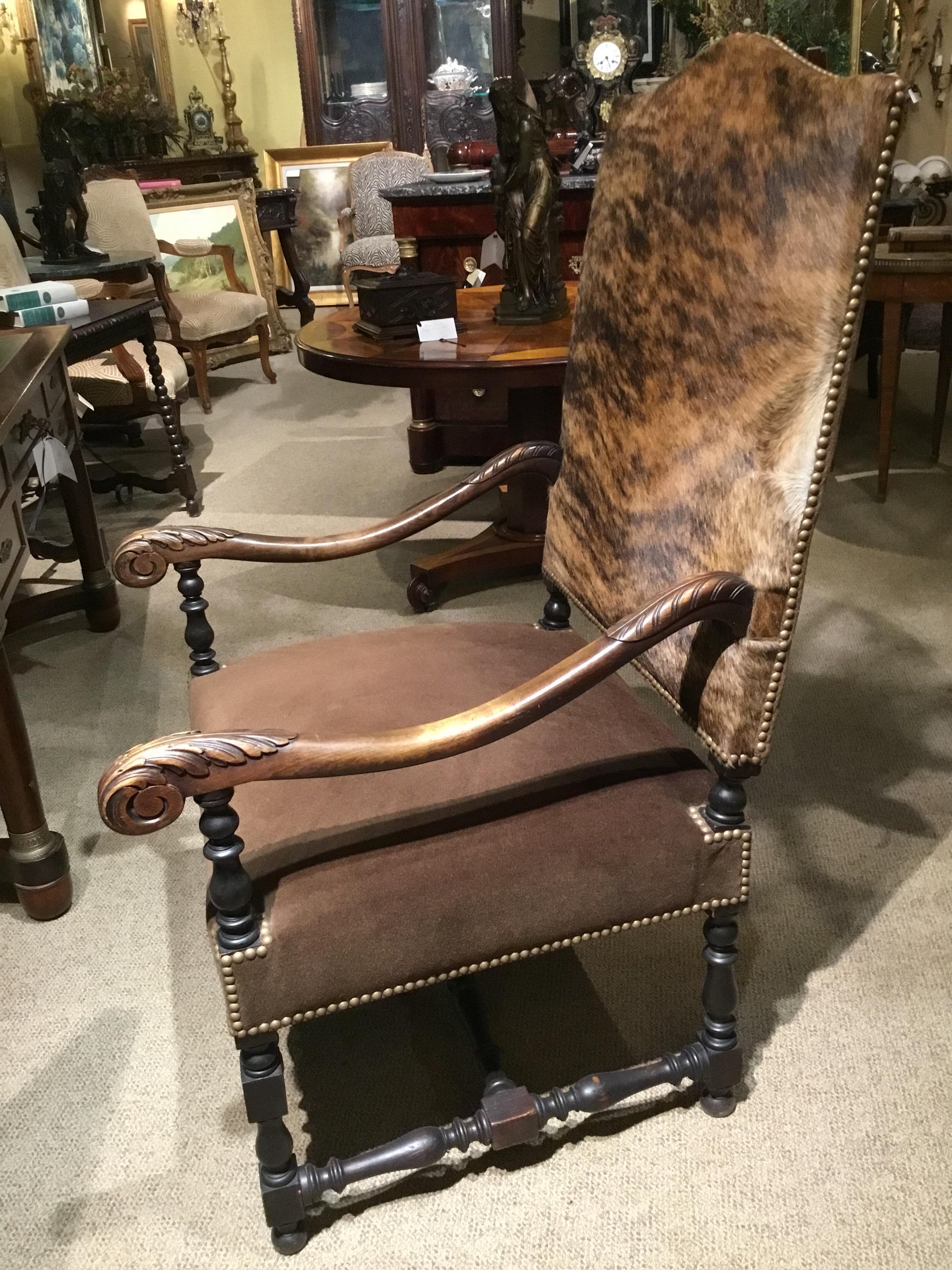 Pair of French Renaissance Style Chairs, 19th Century with Cow Hide Upholstery In Good Condition In Houston, TX