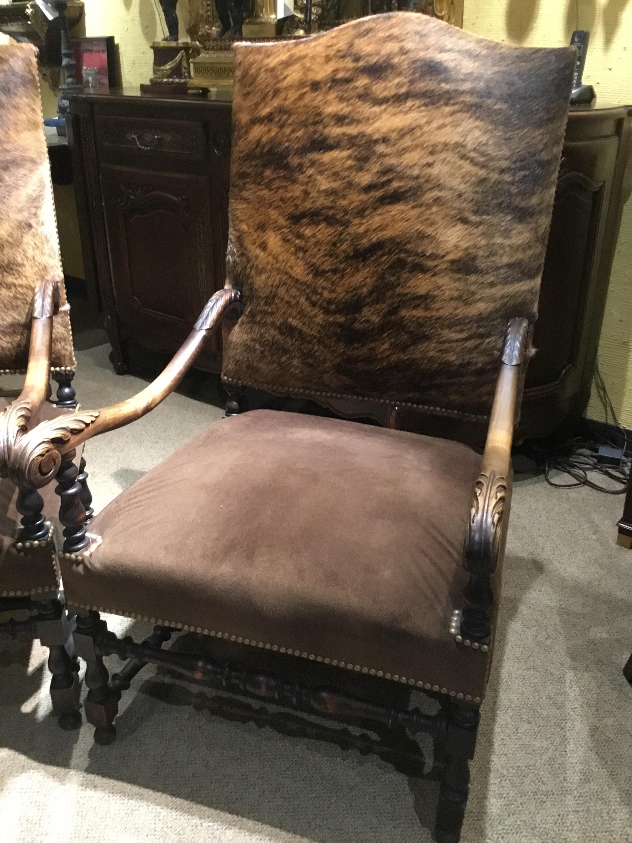 Walnut Pair of French Renaissance Style Chairs, 19th Century with Cow Hide Upholstery