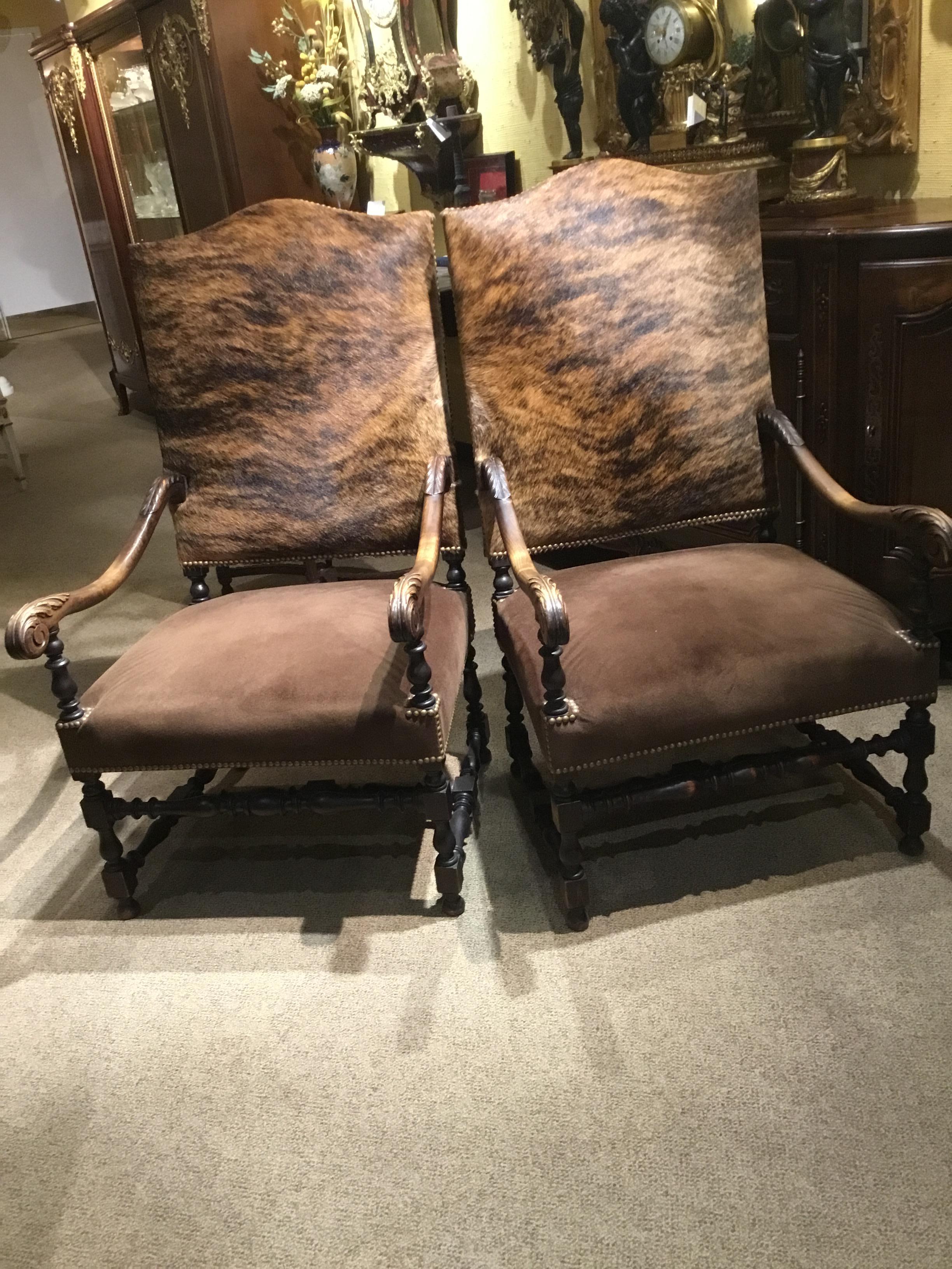 Pair of French Renaissance Style Chairs, 19th Century with Cow Hide Upholstery 1