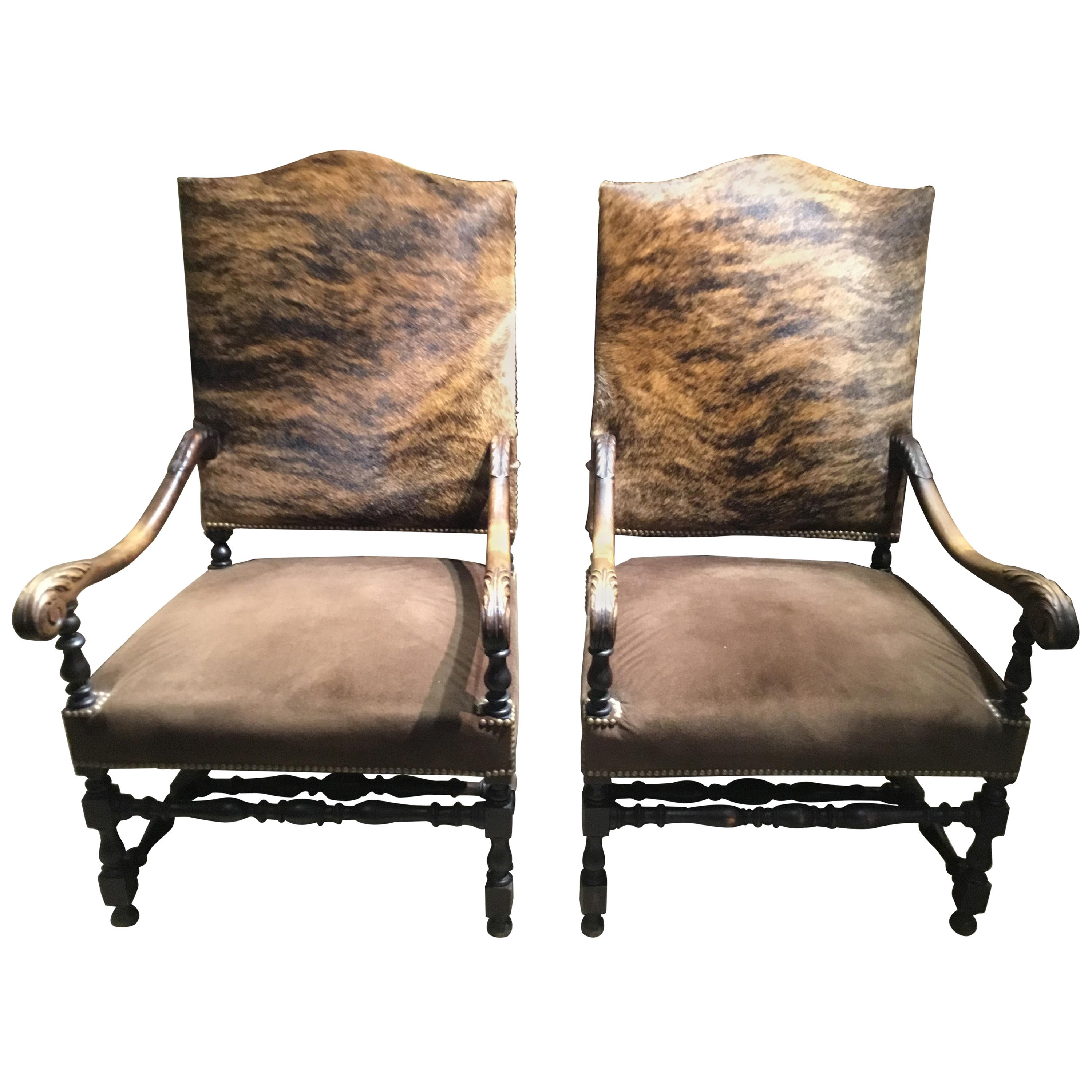 Pair of French Renaissance Style Chairs, 19th Century with Cow Hide Upholstery