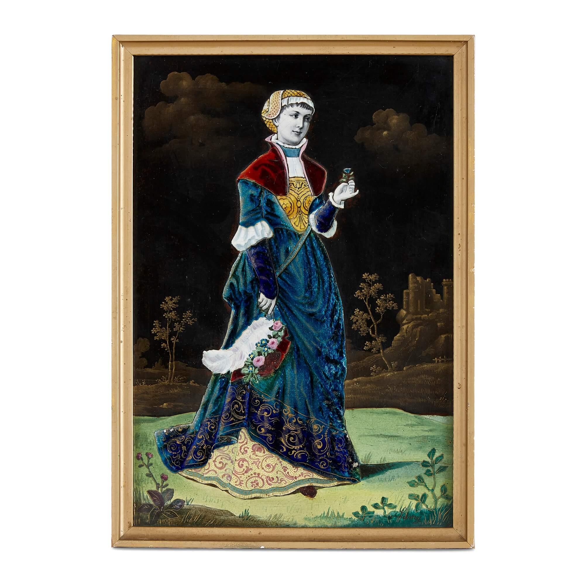 Pair of French Renaissance style enamelled porcelain plaques
French, c. 1880
Frame: Height 32cm, width 22.5cm, depth 1.5cm
Plaque: Height 30cm, width 20.5cm, depth 0.5cm

These elegant porcelain plaques are overlaid with bright enamels. The plaques