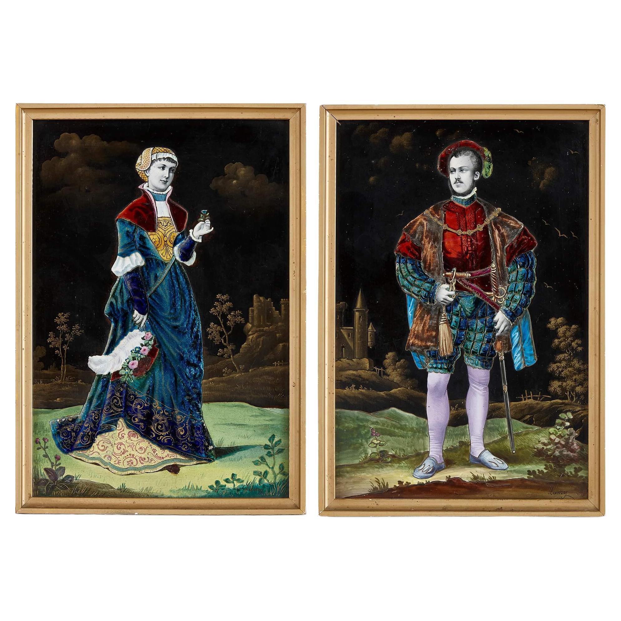 Pair of French Renaissance style enamelled porcelain plaques For Sale