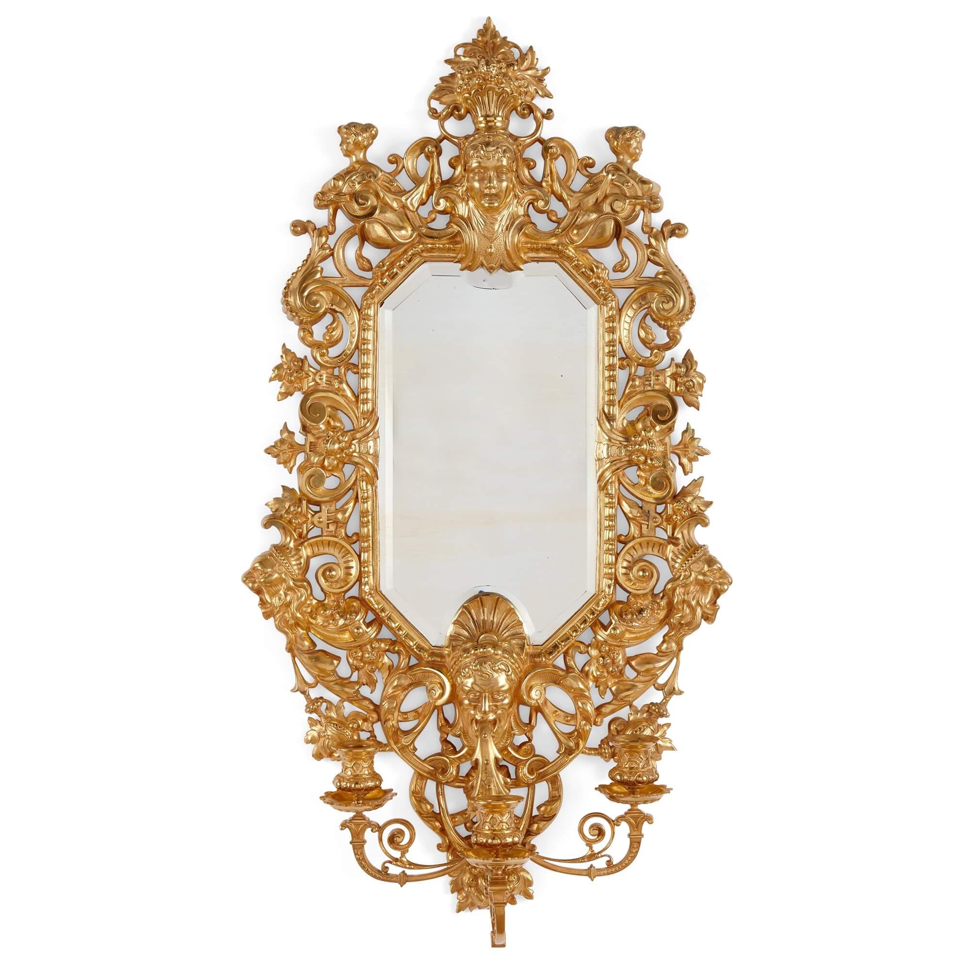 Pair of French Renaissance style Ormolu Wall Mirrors with Candelabra In Good Condition For Sale In London, GB