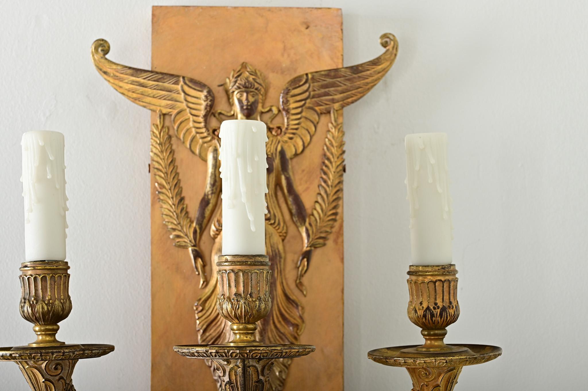 Metal Pair of French Restauration Gilt Bronze Sconces For Sale