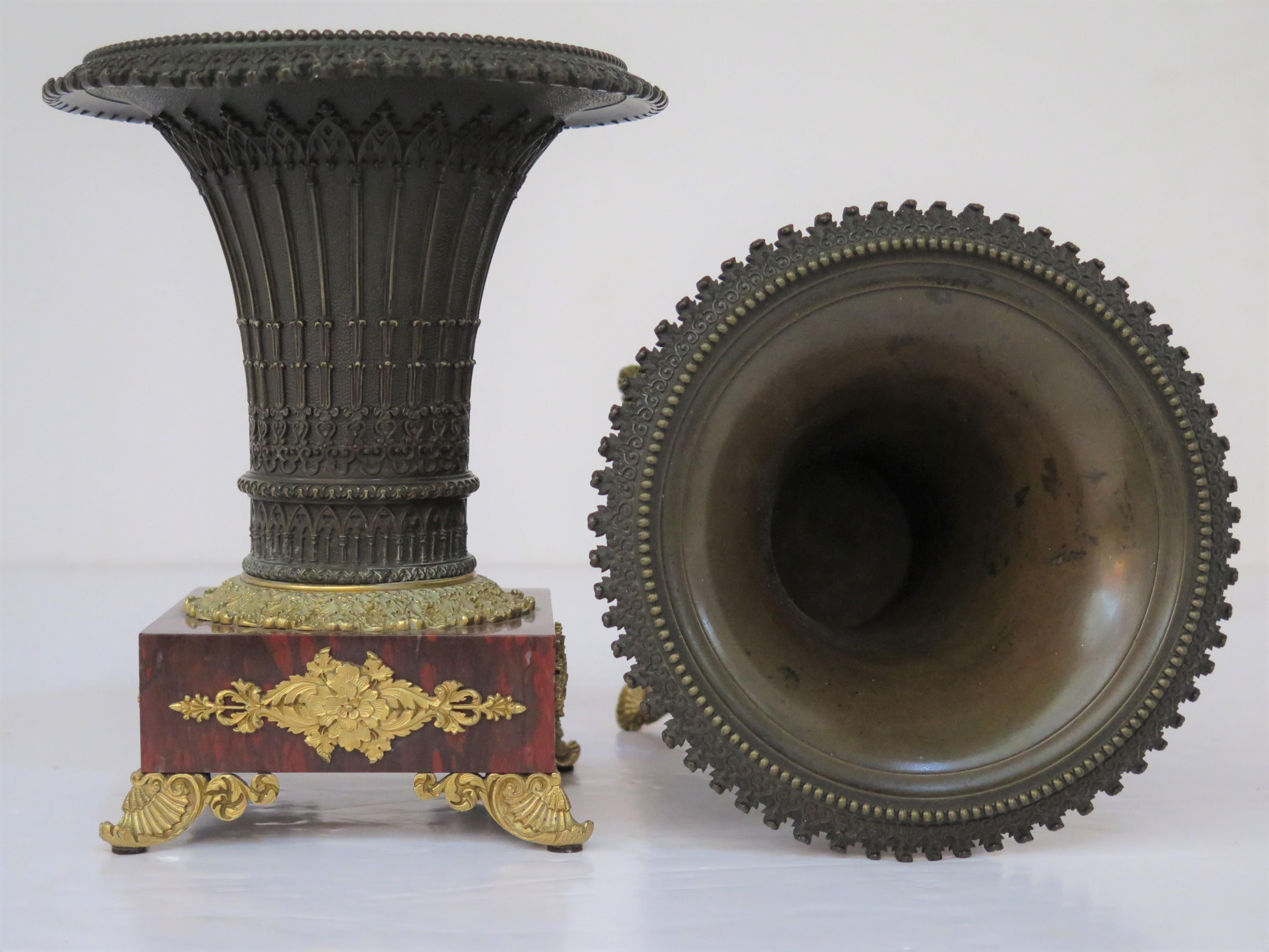 Gothic Revival Pair of French Restoration Bronze Urns with Rouge Gritte Marble and Ormolu For Sale