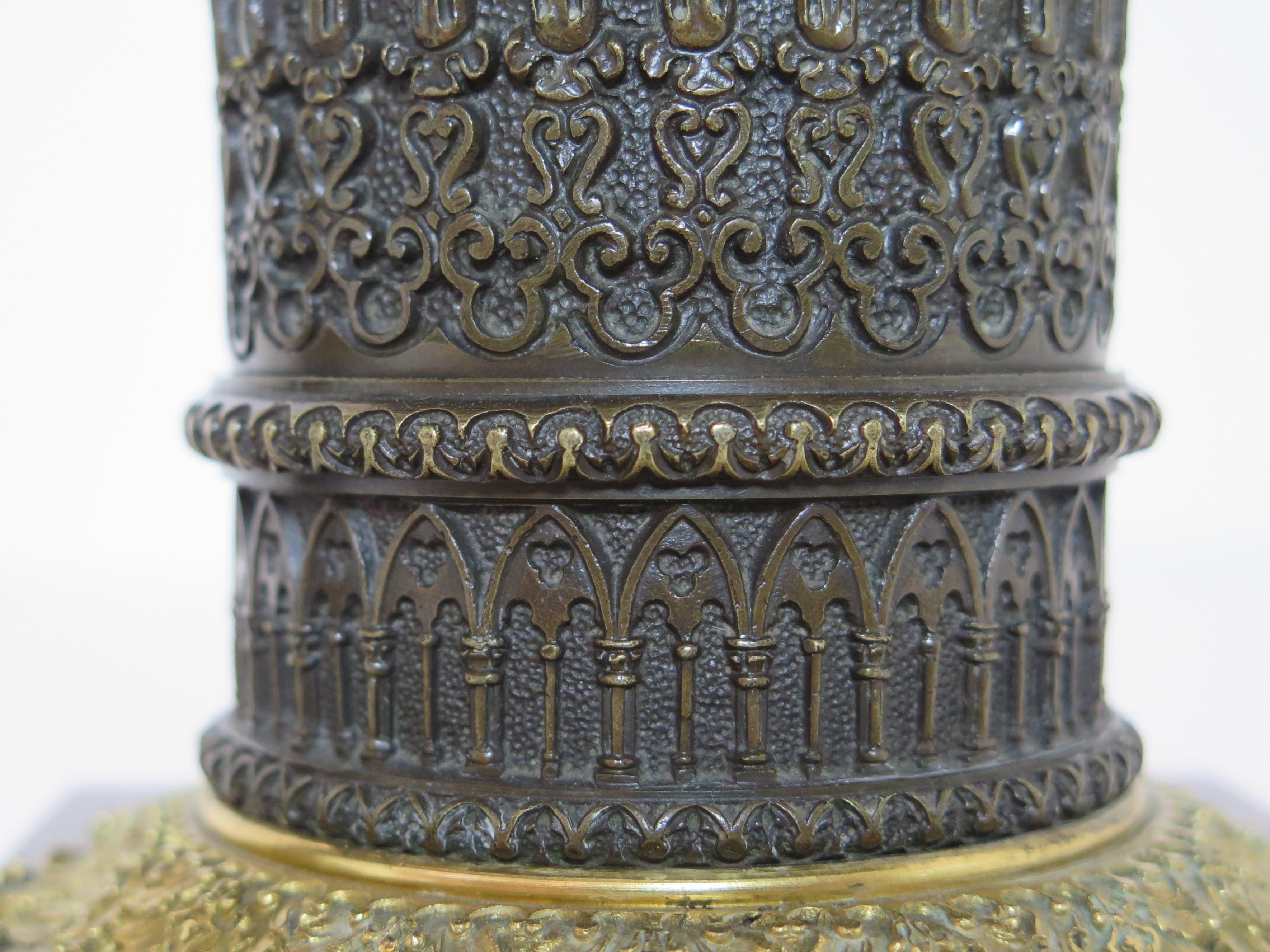 Gilt Pair of French Restoration Bronze Urns with Rouge Gritte Marble and Ormolu For Sale