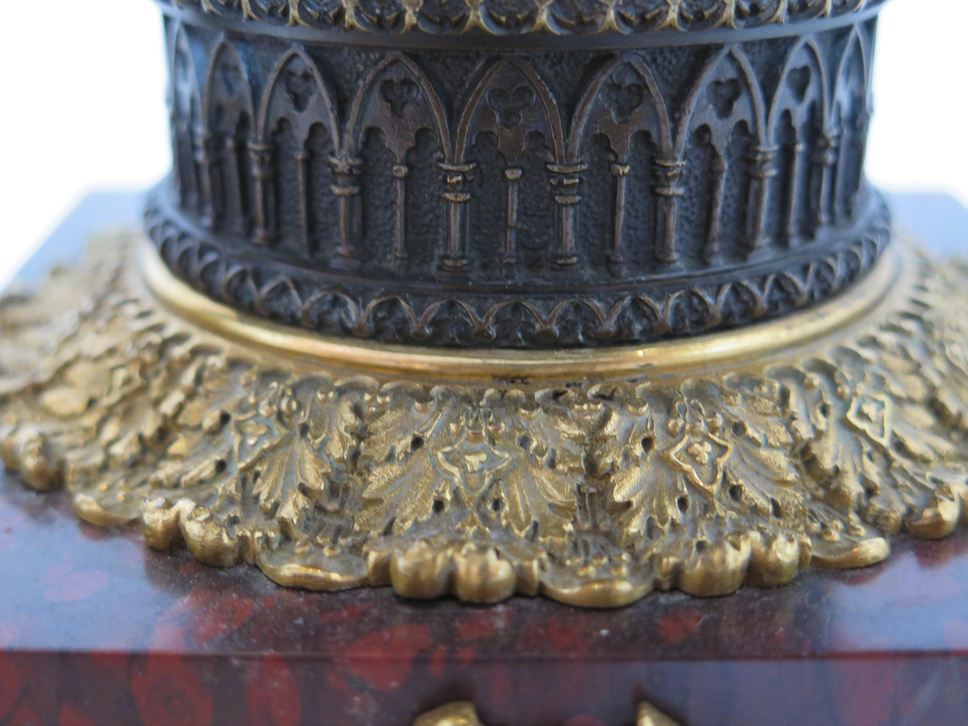 Pair of French Restoration Bronze Urns with Rouge Gritte Marble and Ormolu In Good Condition For Sale In Dallas, TX