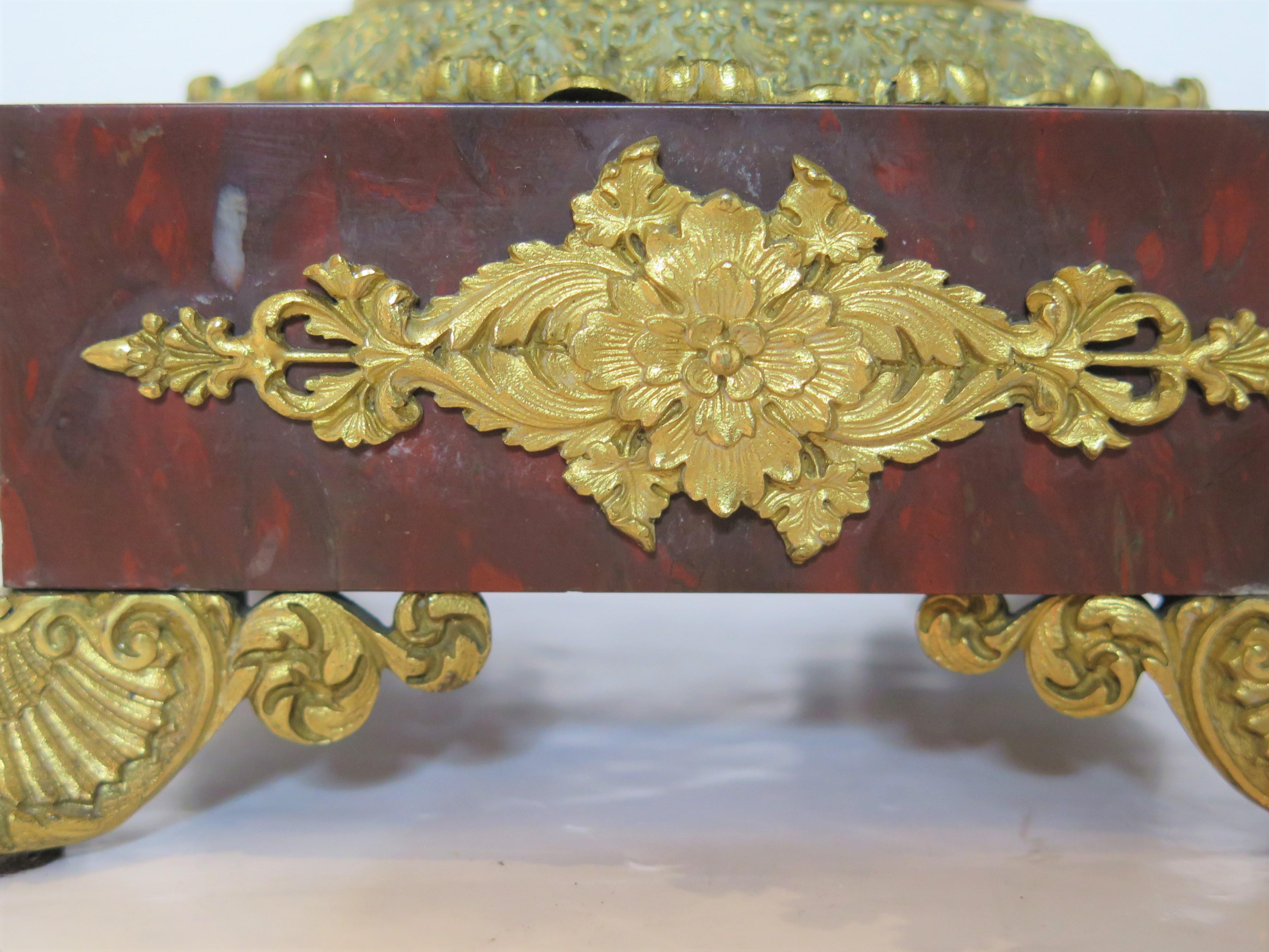 Pair of French Restoration Bronze Urns with Rouge Gritte Marble and Ormolu For Sale 1