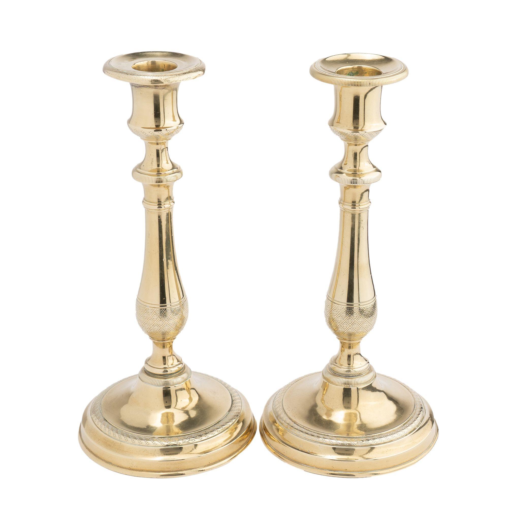 19th Century Pair of French Restoration cast brass candlesticks, 1815 For Sale