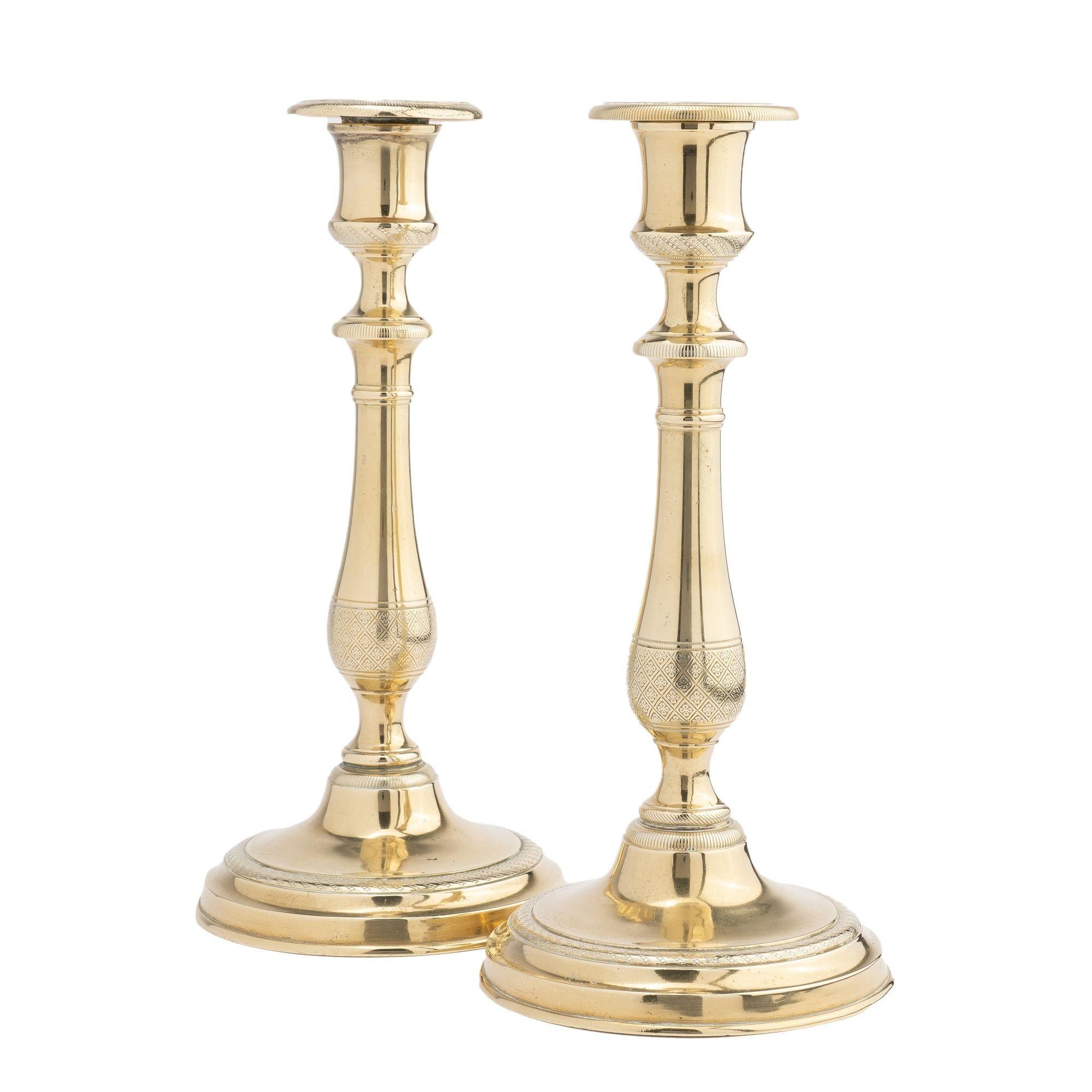 Pair of French Restoration cast brass candlesticks, 1815 For Sale