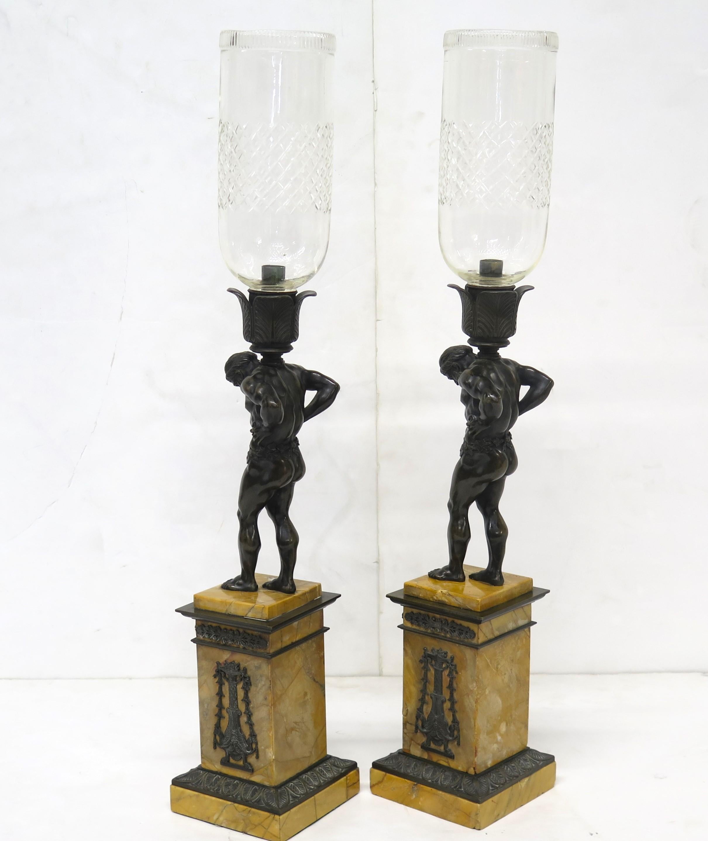 Pair of French Restoration Period Candlesticks of Patinated Bronze  For Sale 1