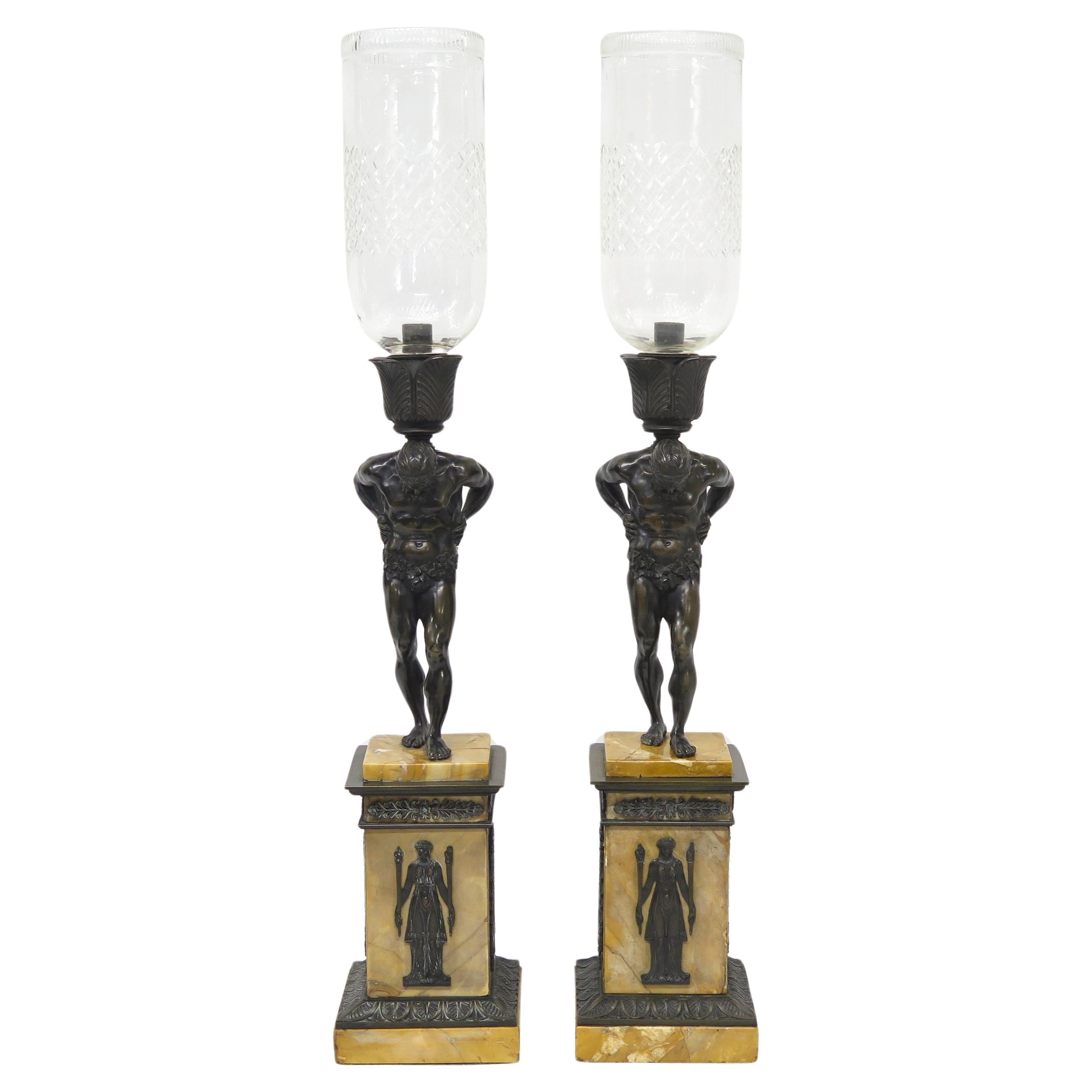 Pair of French Restoration Period Candlesticks of Patinated Bronze 