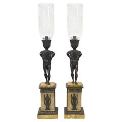 Antique Pair of French Restoration Period Candlesticks of Patinated Bronze 