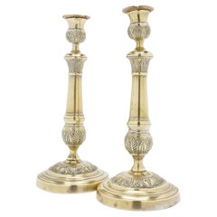 Antique Pair of French Restoration silvered brass candlesticks, c. 1815-30