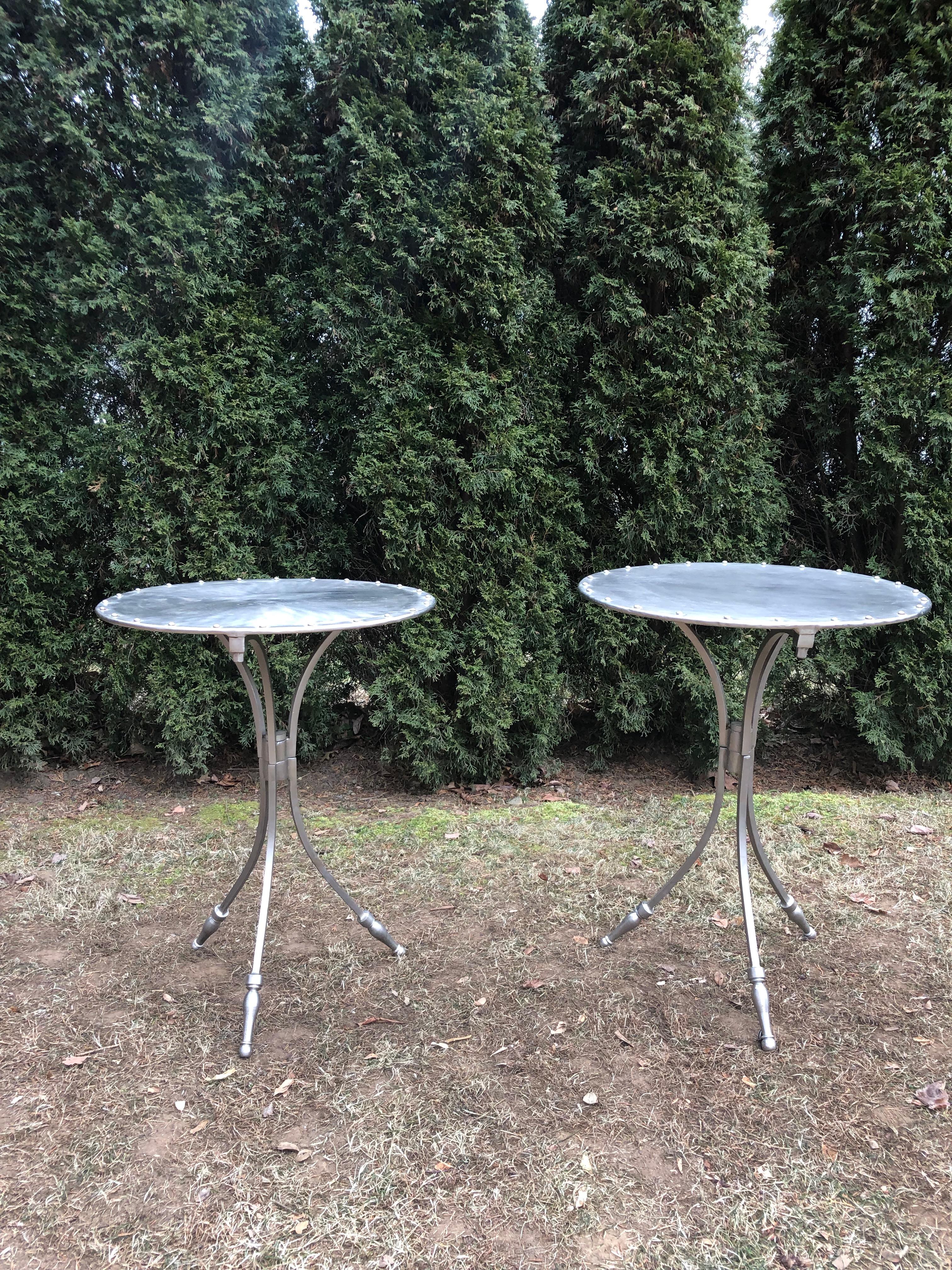 Mid-Century Modern Pair of French Riveted Brushed Chrome Side Tables
