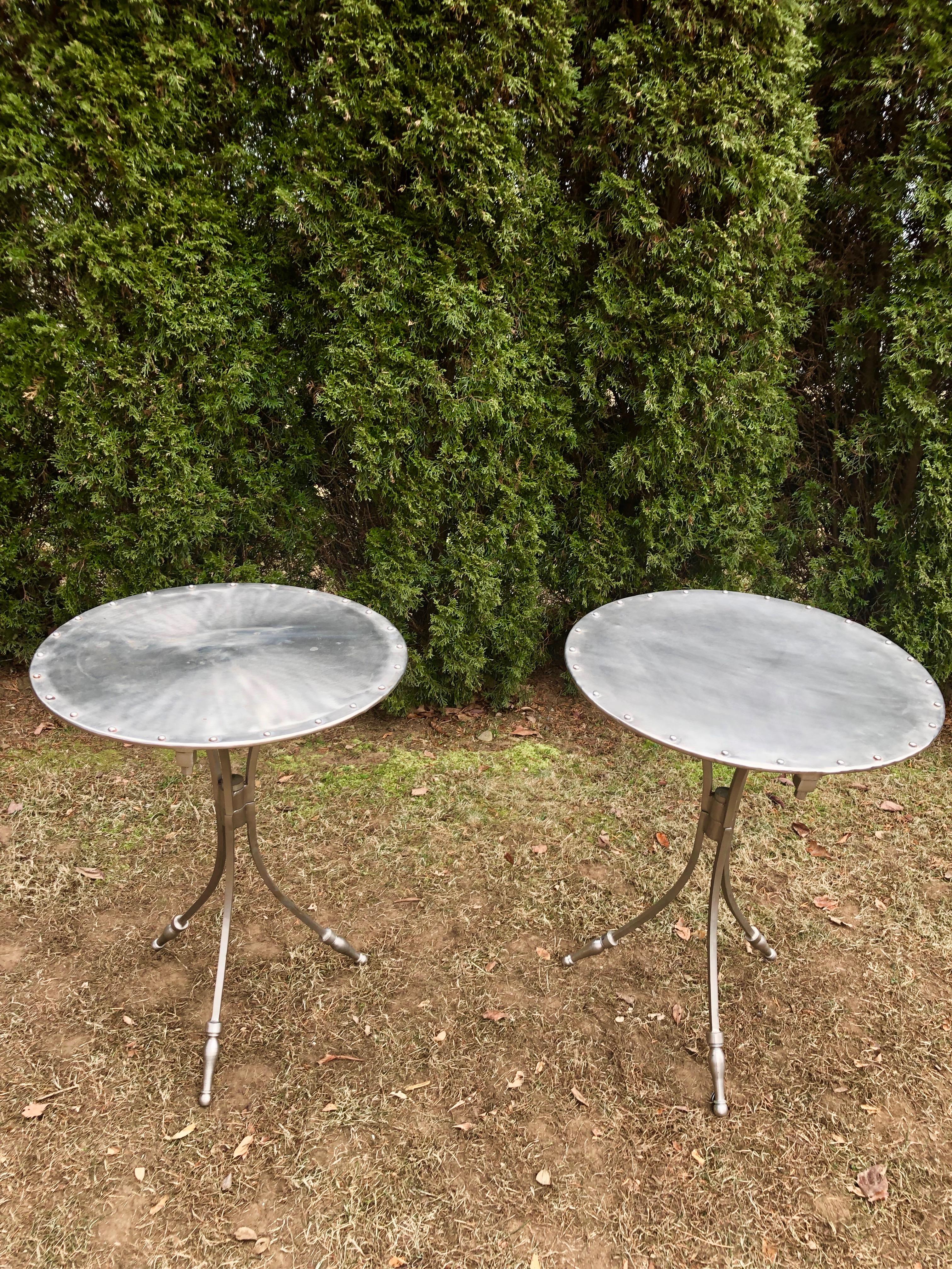 Pair of French Riveted Brushed Chrome Side Tables In Good Condition In Woodbury, CT