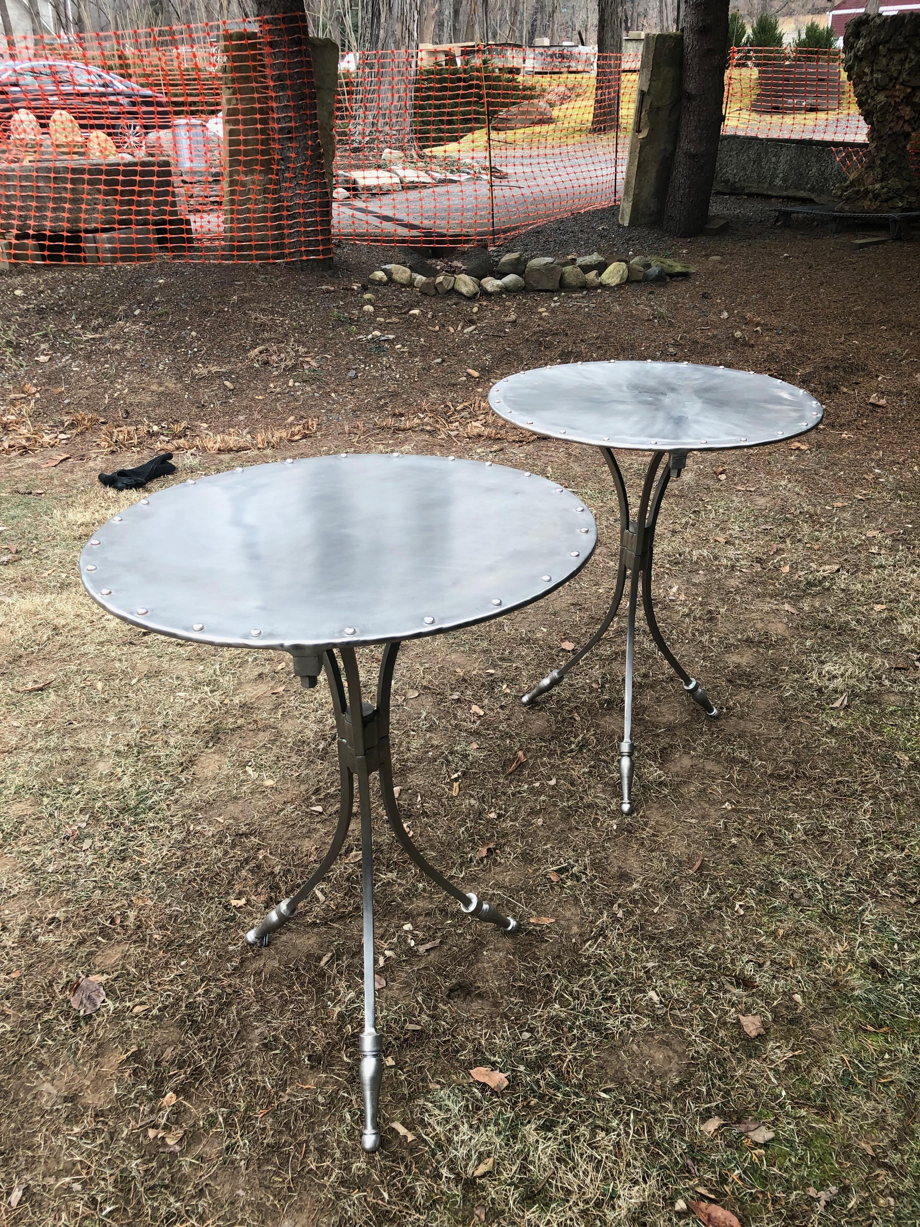 20th Century Pair of French Riveted Brushed Chrome Side Tables