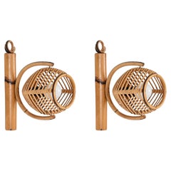 Verstellbare französische Riviera-Wandleuchter aus Rattan, Louis Sognot, 1960er Jahre, Paar