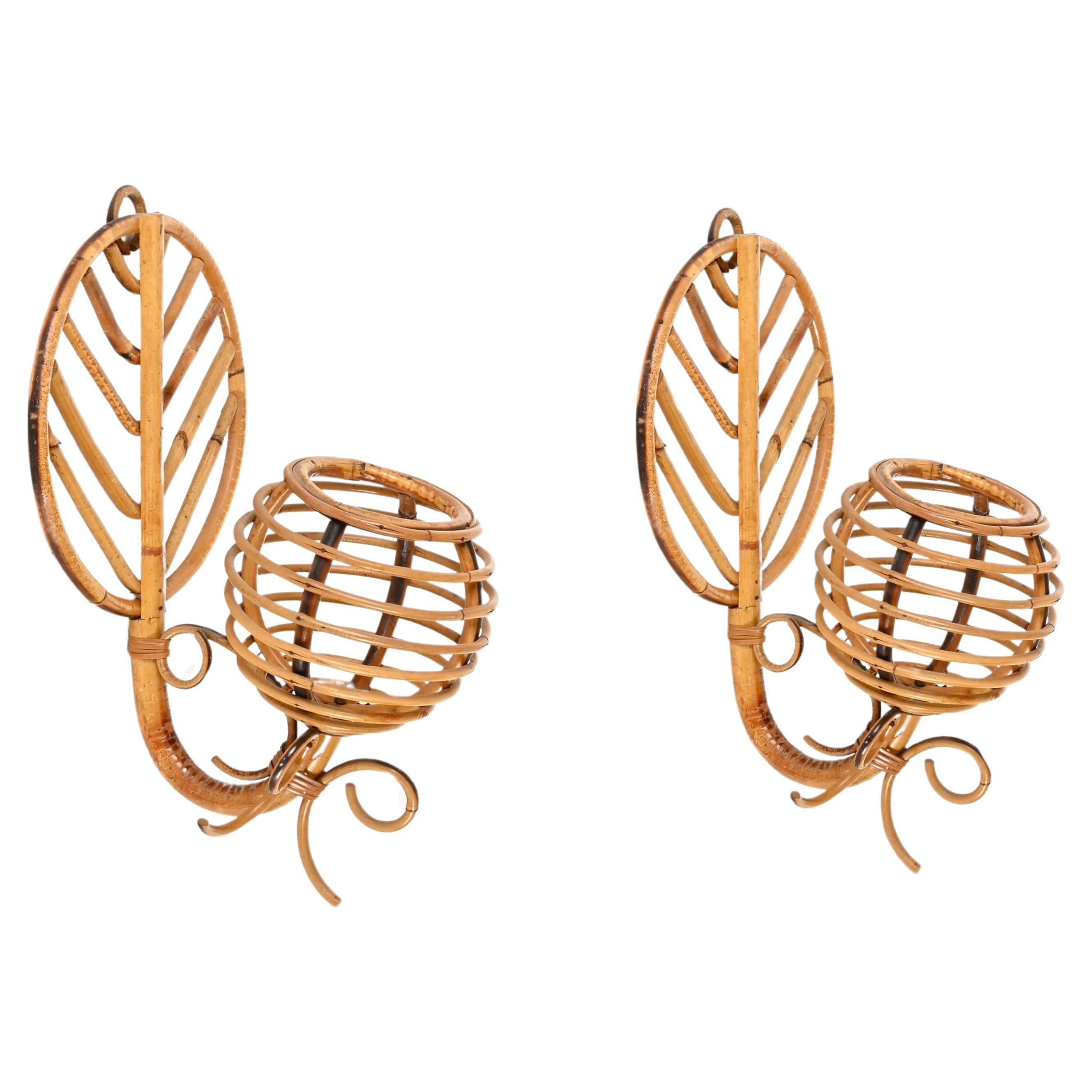 Pair of French Riviera "Lantern" Sconces in Rattan, Louis Sognot, France, 1960s For Sale