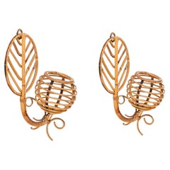 Paar französische Riviera-Wandleuchter „Lanternen“ aus Rattan, Louis Sognot, Frankreich, 1960er Jahre