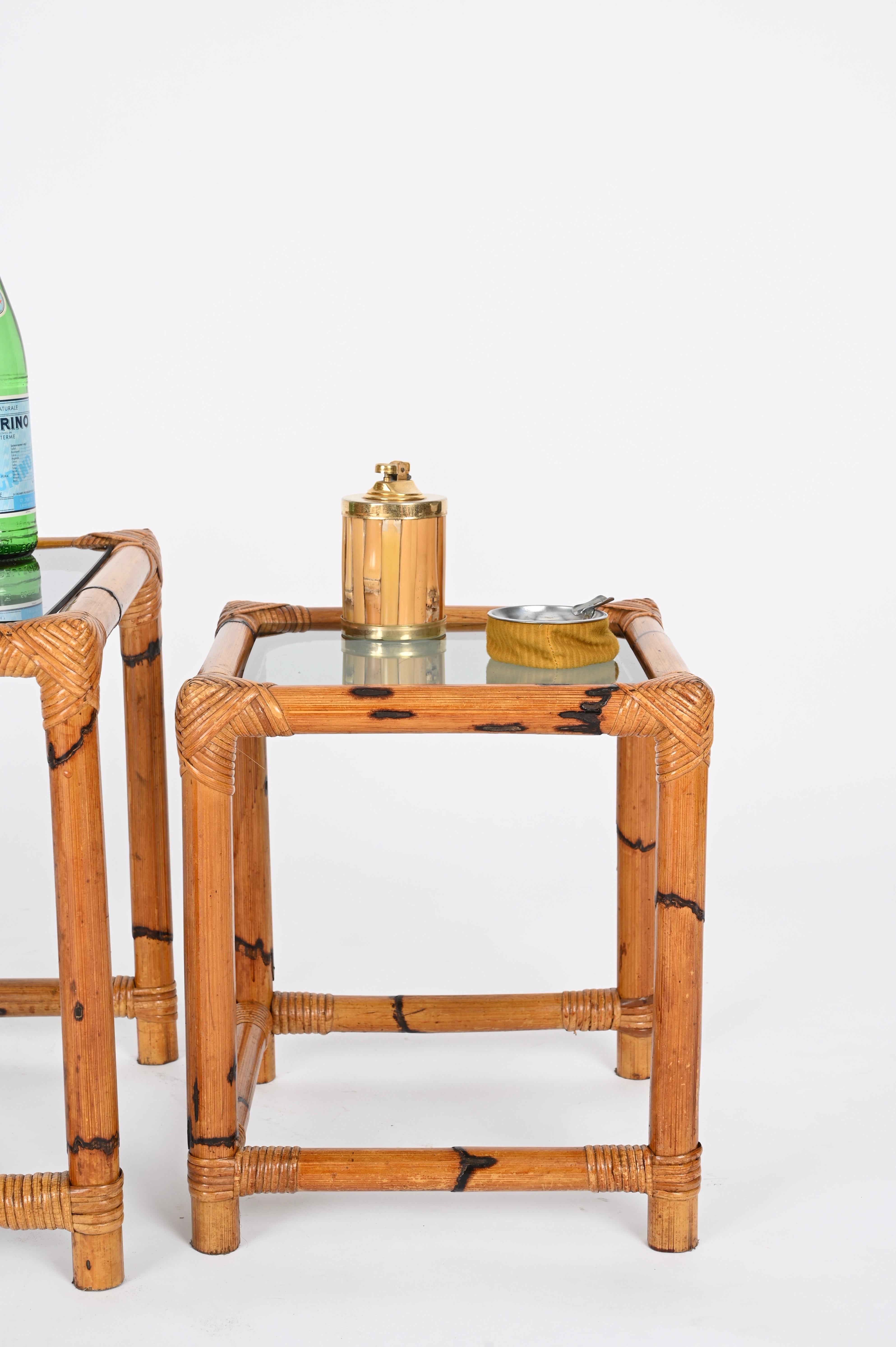 Pair of French Riviera Nesting Bamboo Coffee Tables with Smoked Top, Italy 1970s For Sale 3