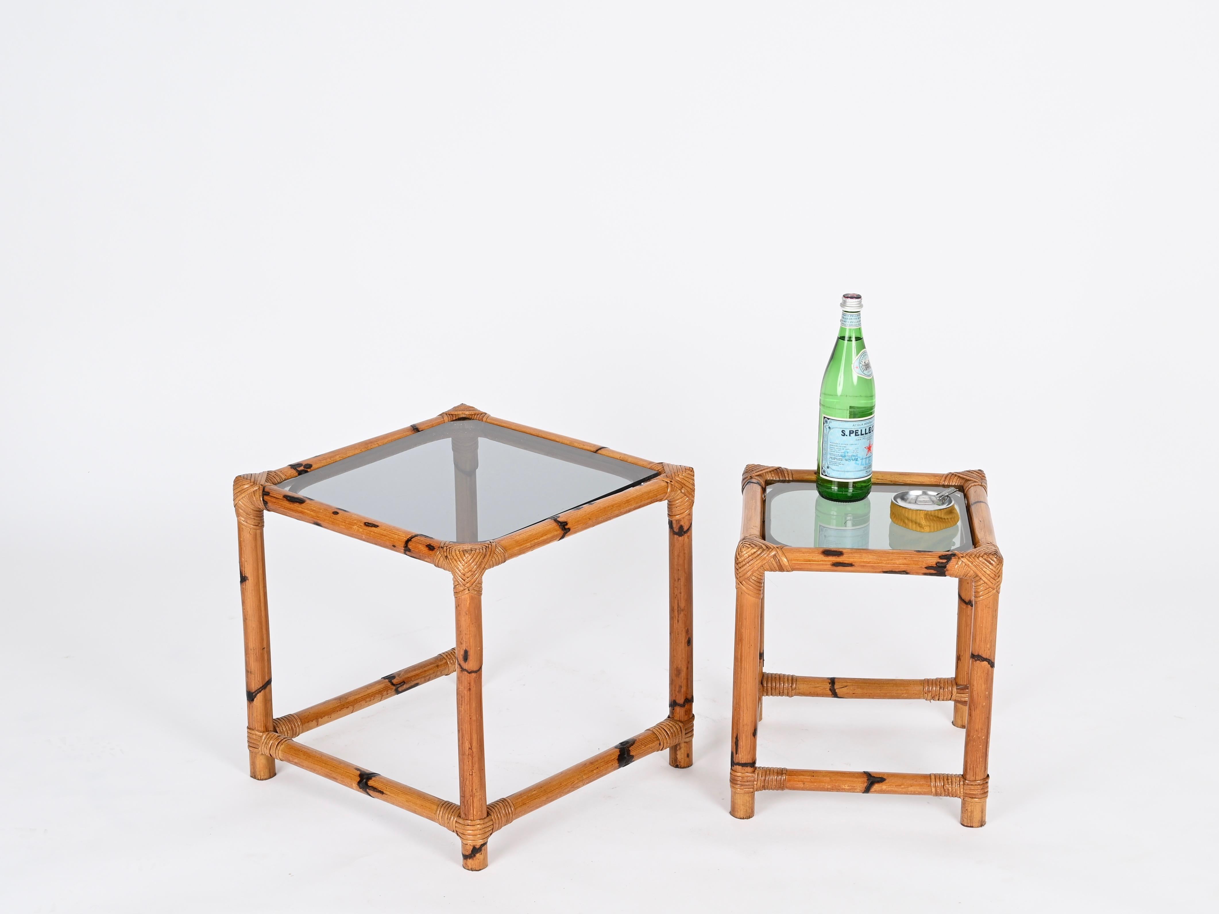 Pair of French Riviera Nesting Bamboo Coffee Tables with Smoked Top, Italy 1970s For Sale 4
