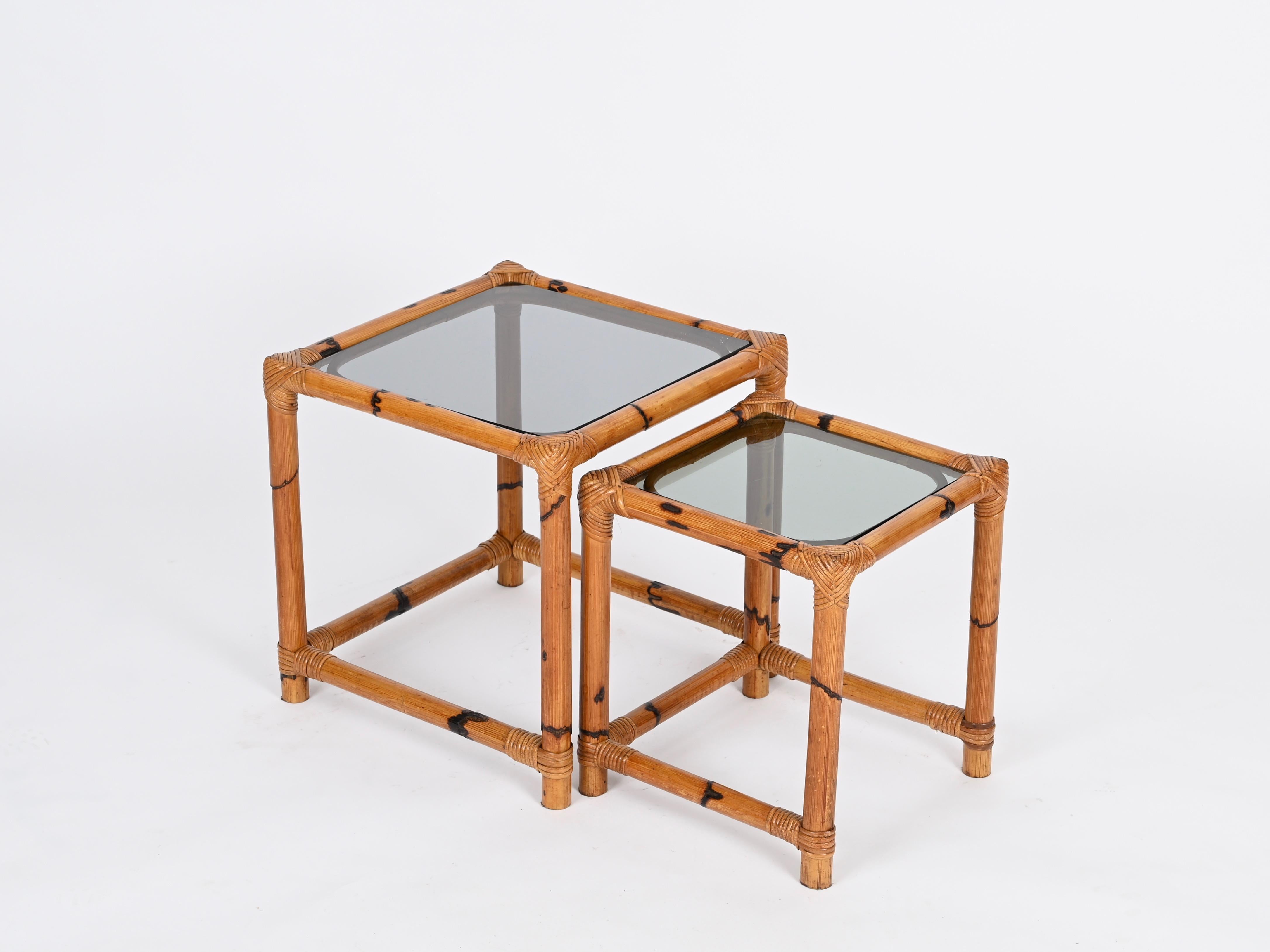 Pair of French Riviera Nesting Bamboo Coffee Tables with Smoked Top, Italy 1970s For Sale 5