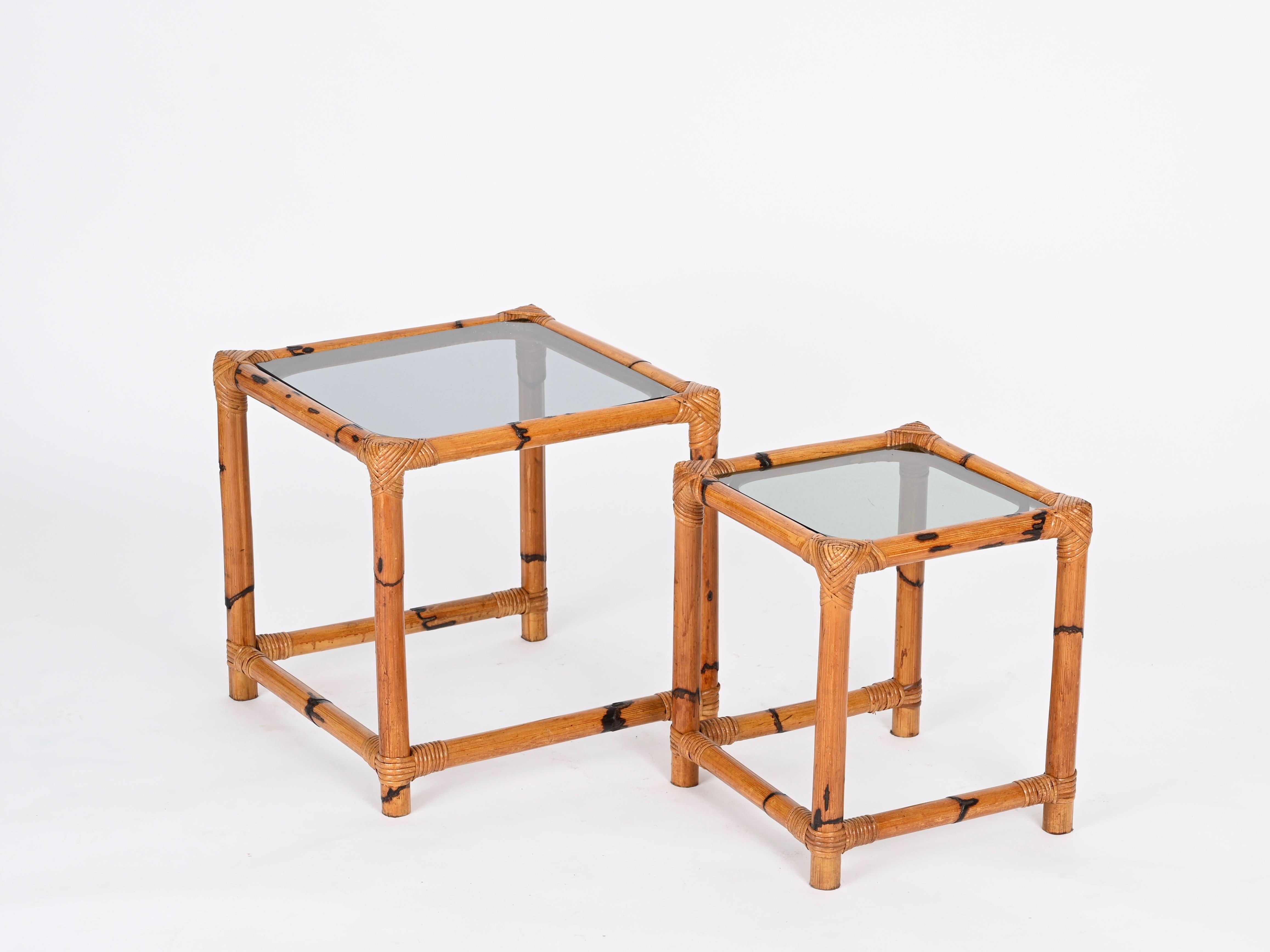 Pair of French Riviera Nesting Bamboo Coffee Tables with Smoked Top, Italy 1970s For Sale 6