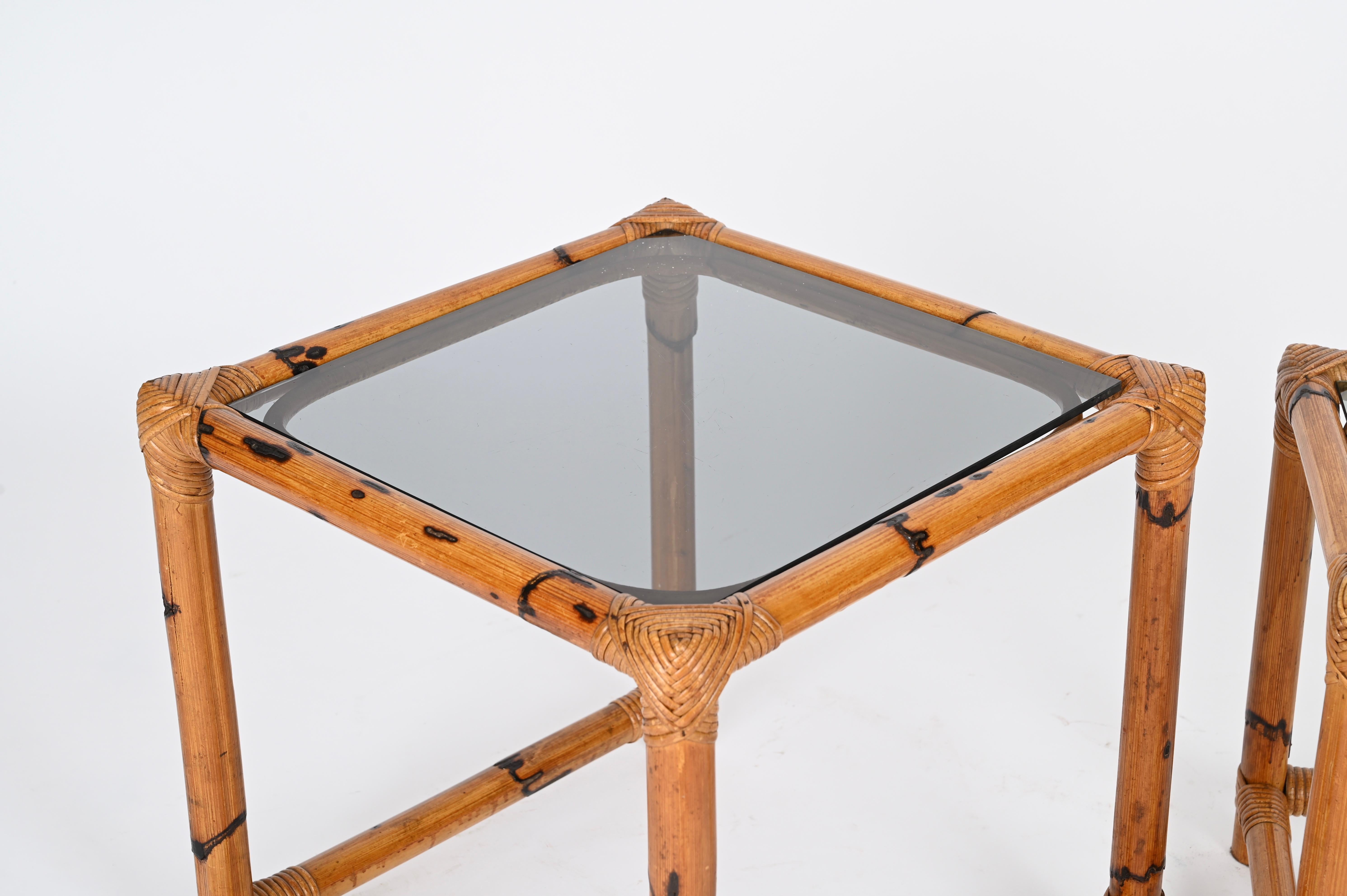 Pair of French Riviera Nesting Bamboo Coffee Tables with Smoked Top, Italy 1970s For Sale 7