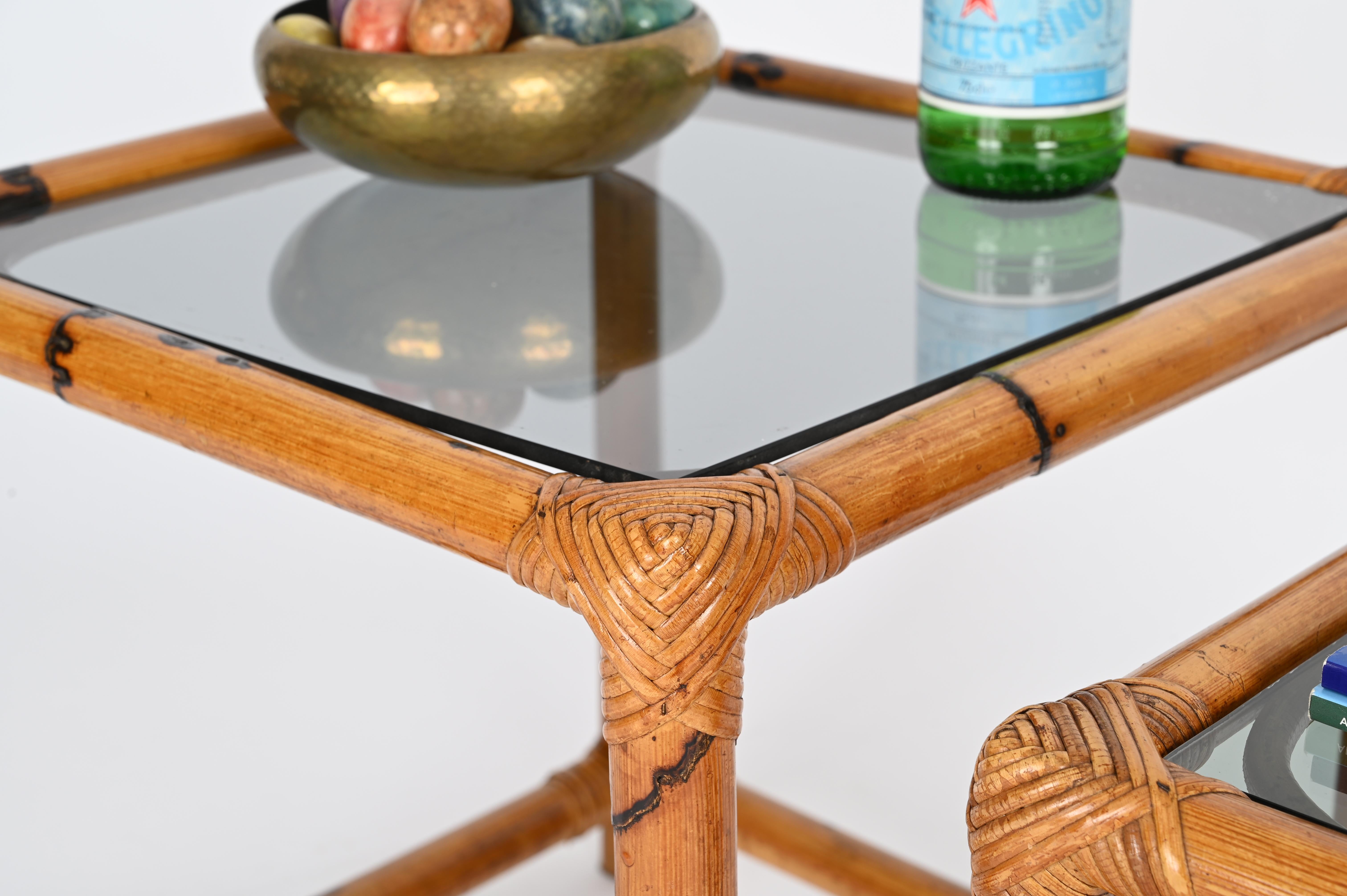 Hand-Crafted Pair of French Riviera Nesting Bamboo Coffee Tables with Smoked Top, Italy 1970s For Sale