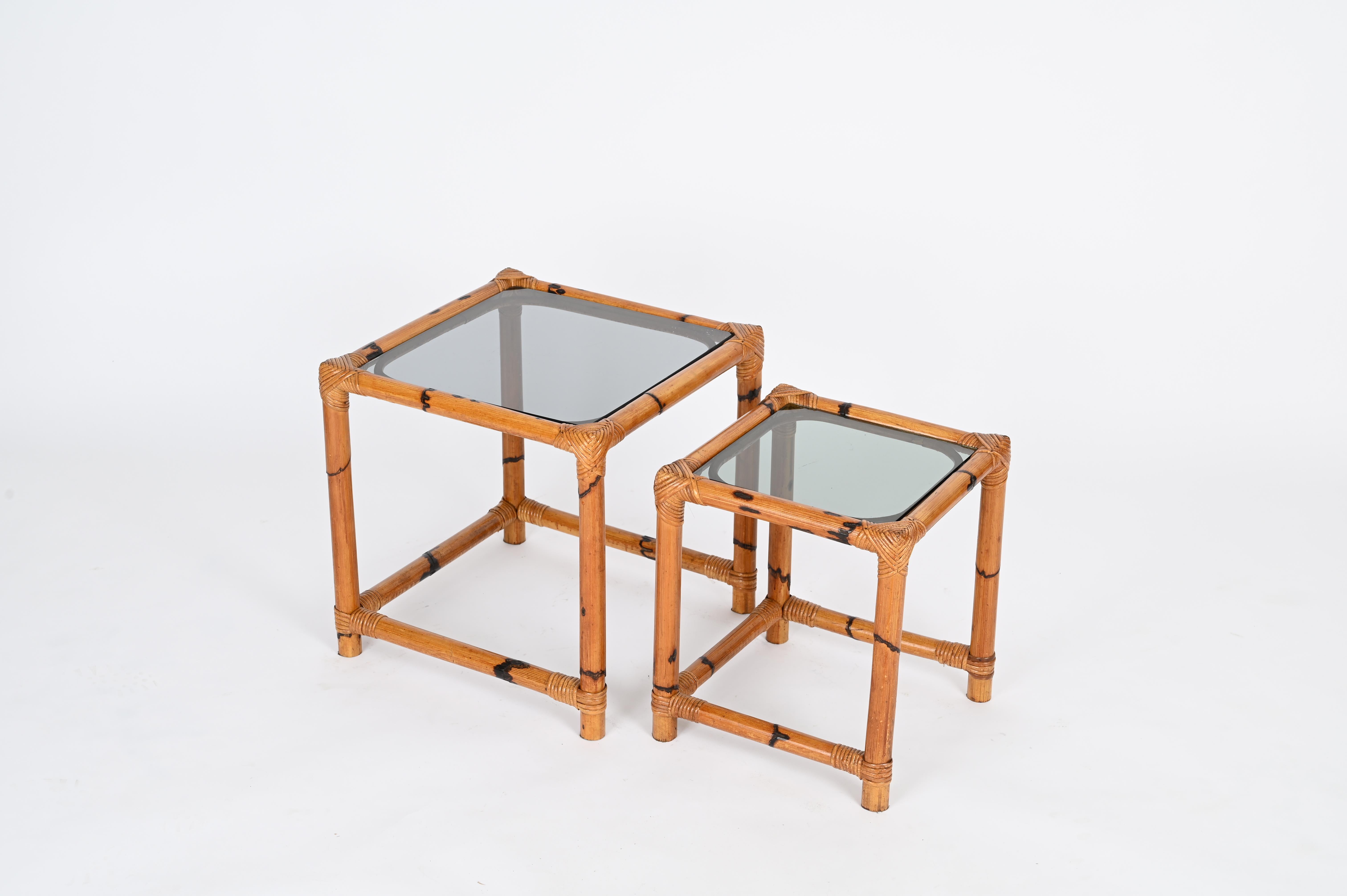 Pair of French Riviera Nesting Bamboo Coffee Tables with Smoked Top, Italy 1970s For Sale 1