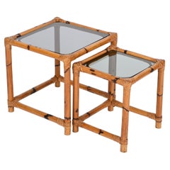 Pair of French Riviera Nesting Bamboo Coffee Tables with Smoked Top, Italy 1970s