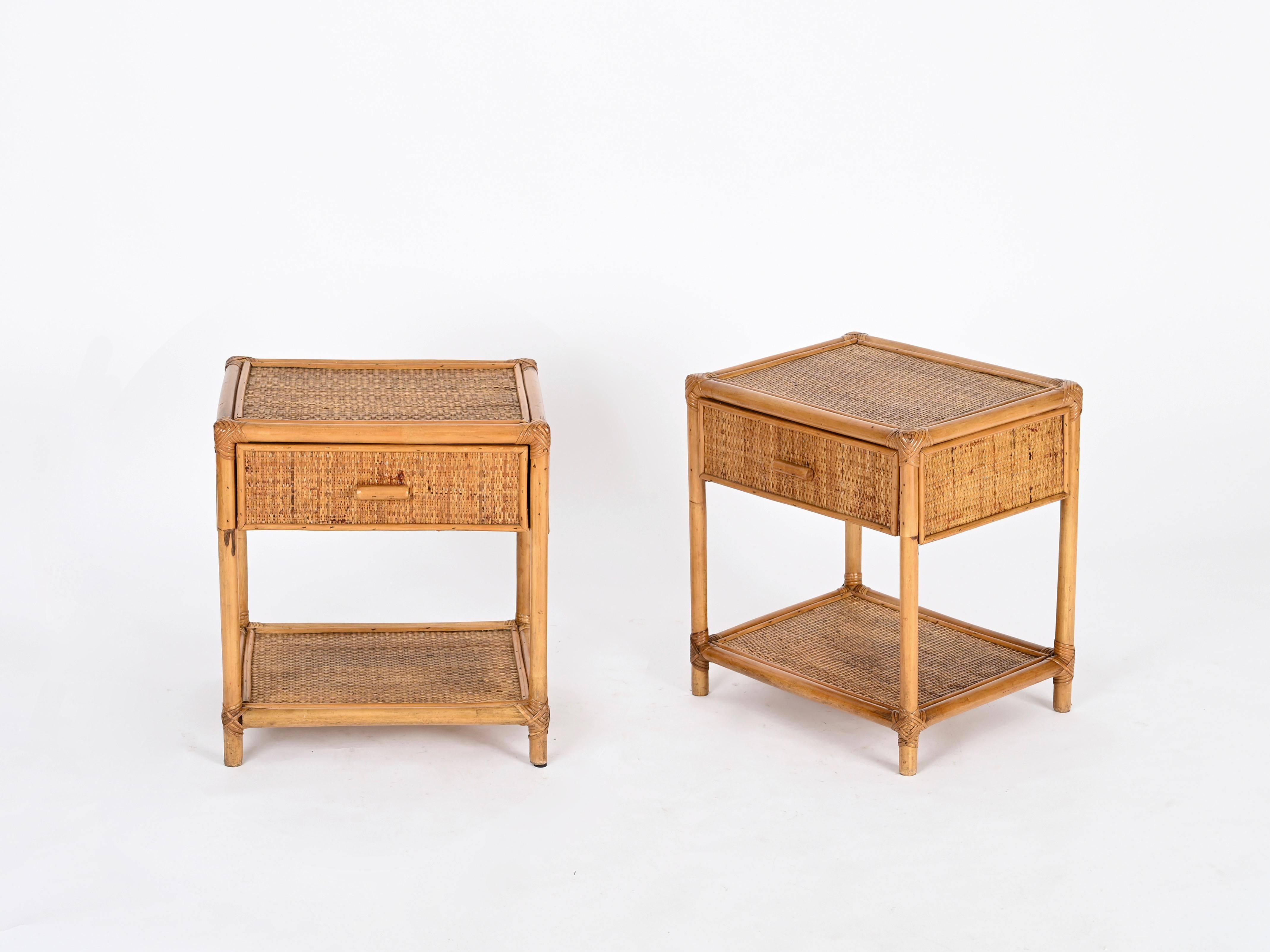 Pair of French Riviera Nightstands in Bamboo and Rattan, Italy 1970s 2