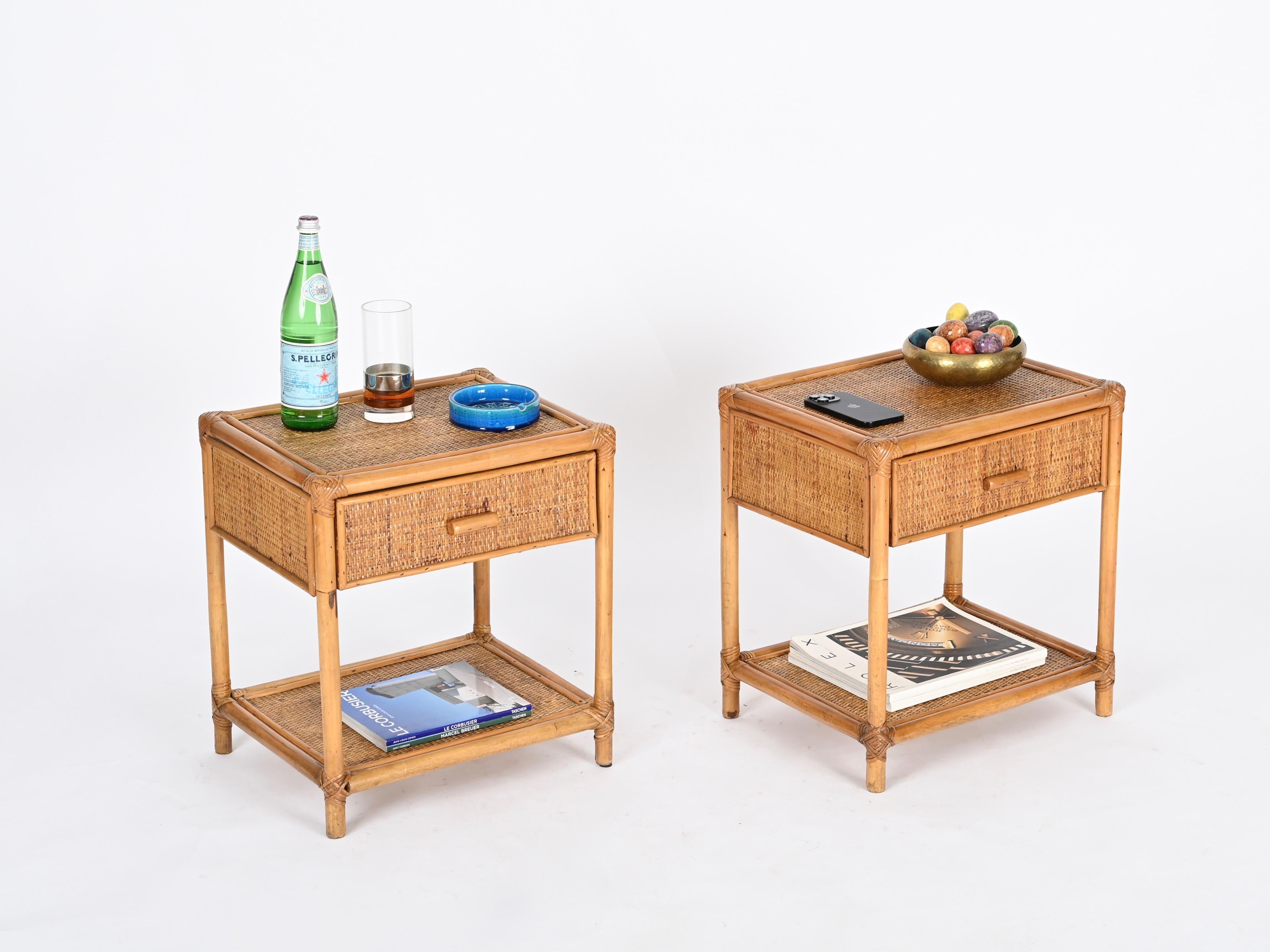 Delightful pair of Mid-Century nightstands in bamboo and hand-woven rattan wicker. These charming organic bedside tables were designed in Italy during the 1970s.

These stunning French Riviera style nightstands, are in amazing conditions and with a