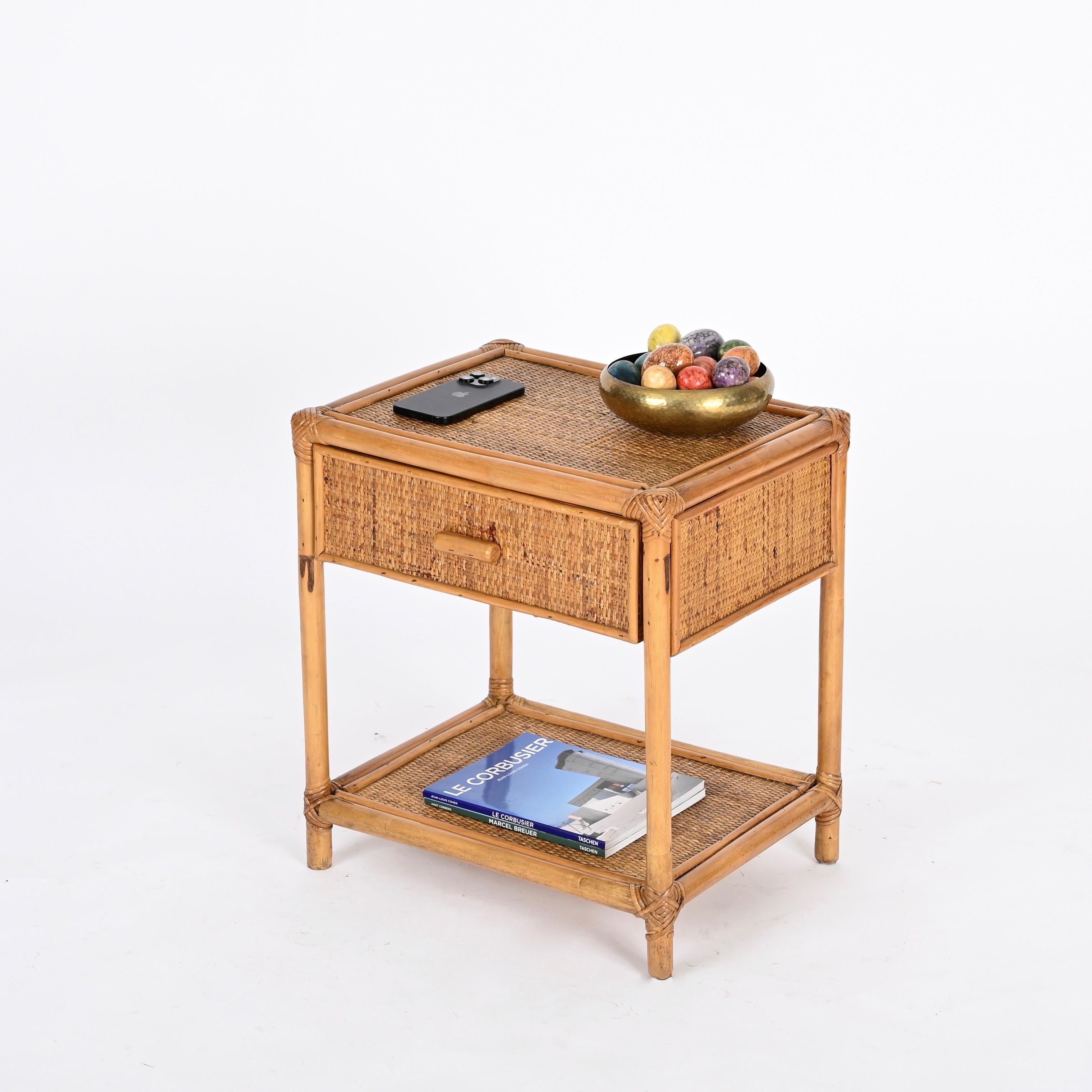 Italian Pair of French Riviera Nightstands in Bamboo and Rattan, Italy 1970s
