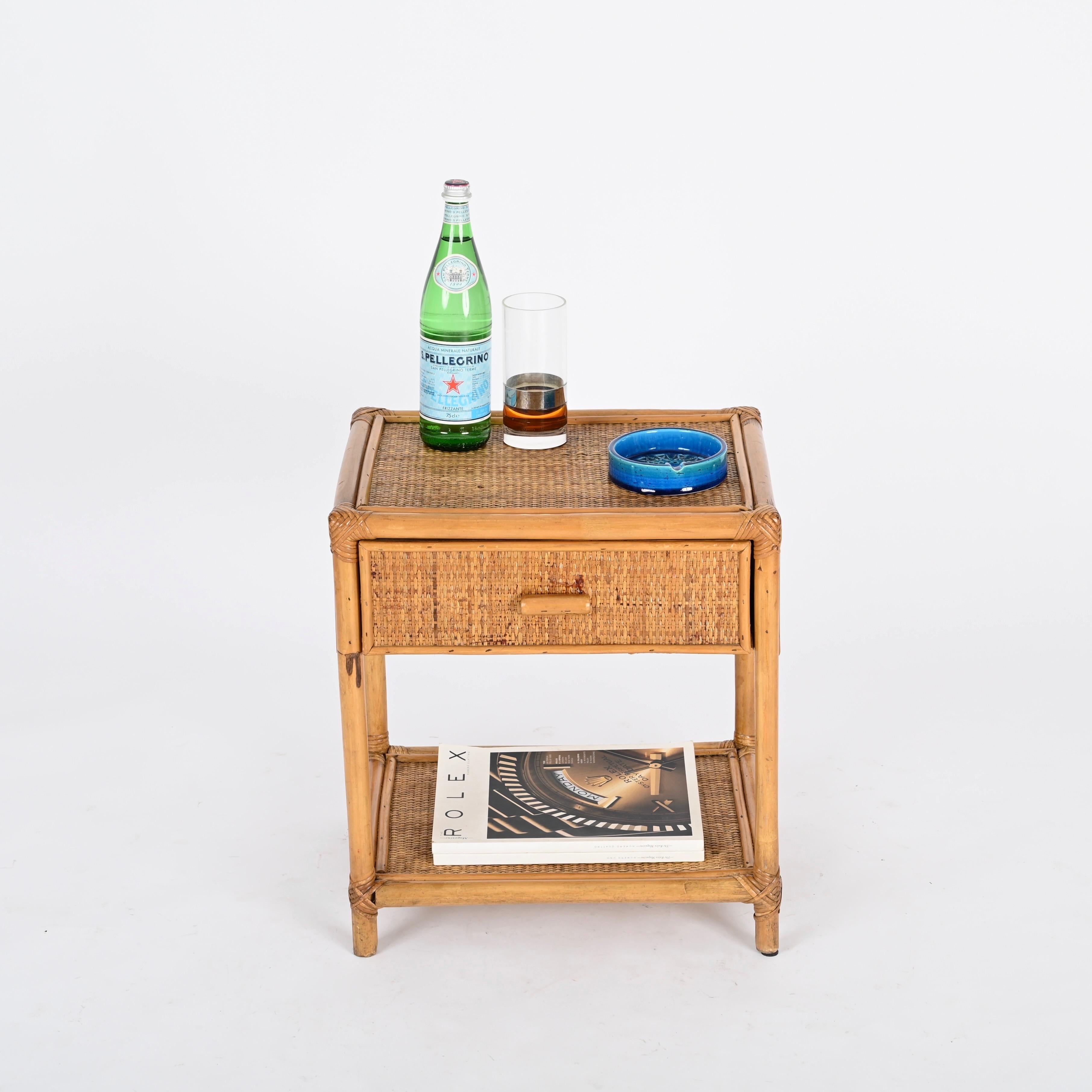 Hand-Woven Pair of French Riviera Nightstands in Bamboo and Rattan, Italy 1970s