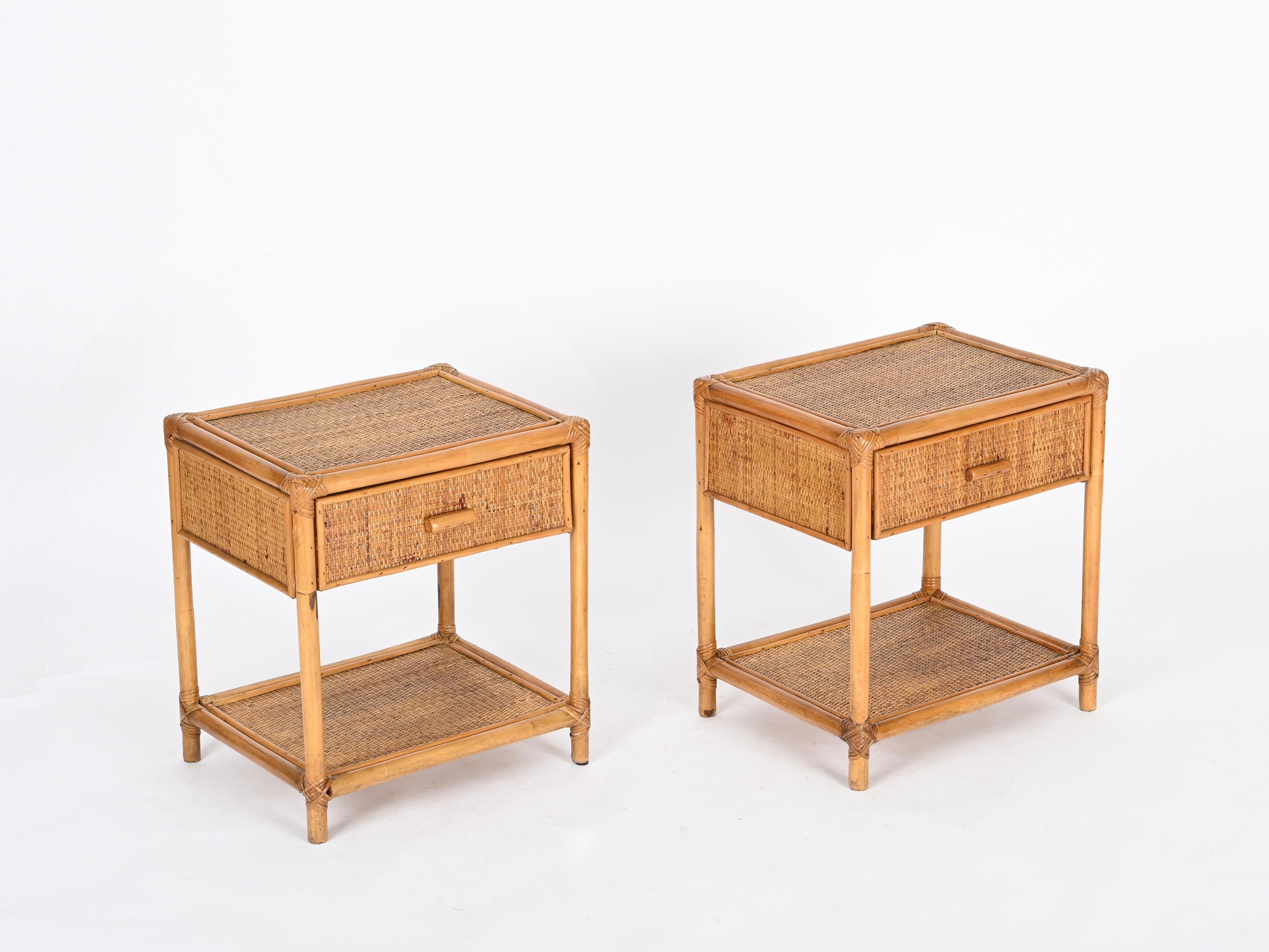 Pair of French Riviera Nightstands in Bamboo and Rattan, Italy 1970s 1