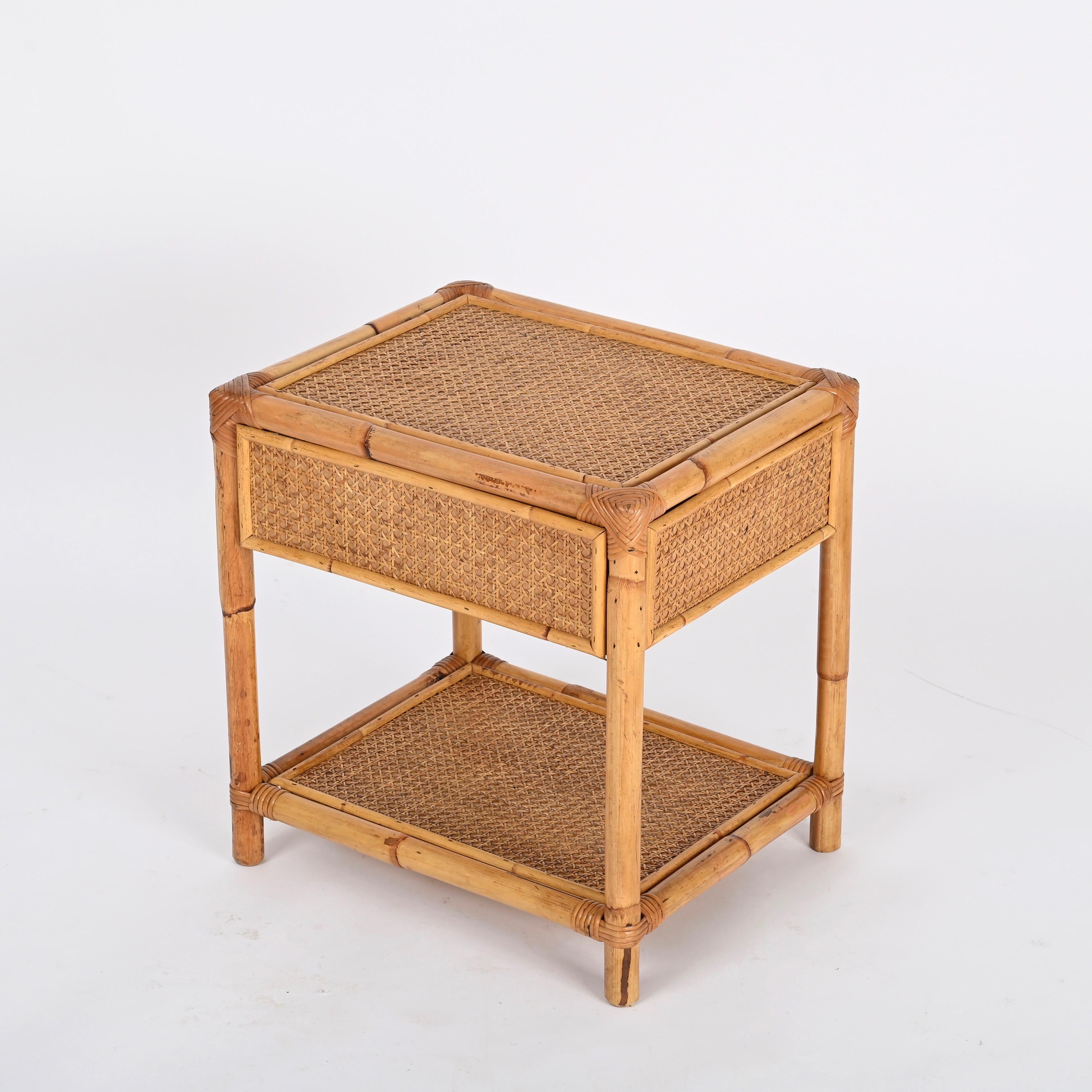 Pair of French Riviera Nightstands in Bamboo Rattan and Brass, Italy 1970s 3