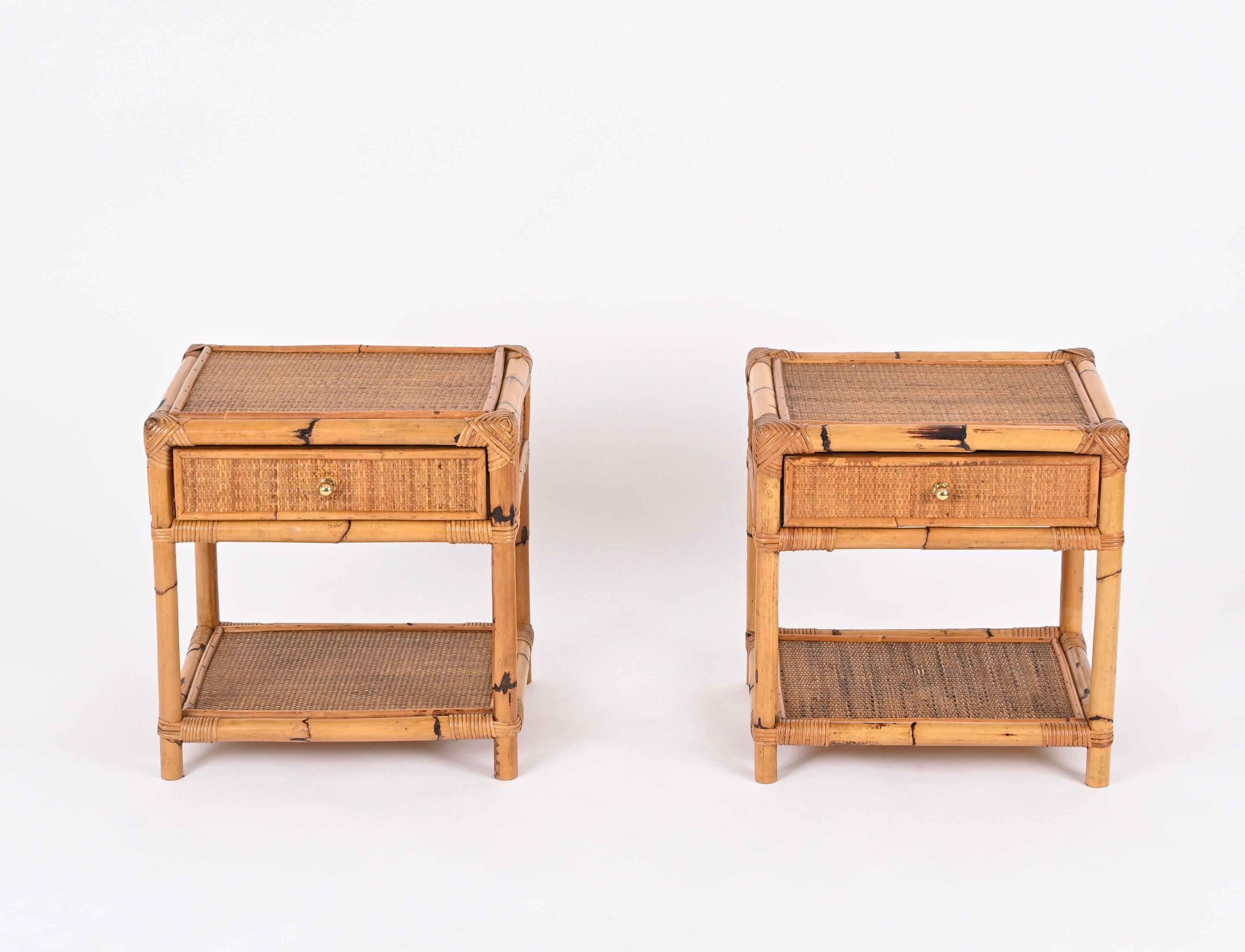 Pair of French Riviera Nightstands in Bamboo, Rattan and Brass, Italy 1970s 4