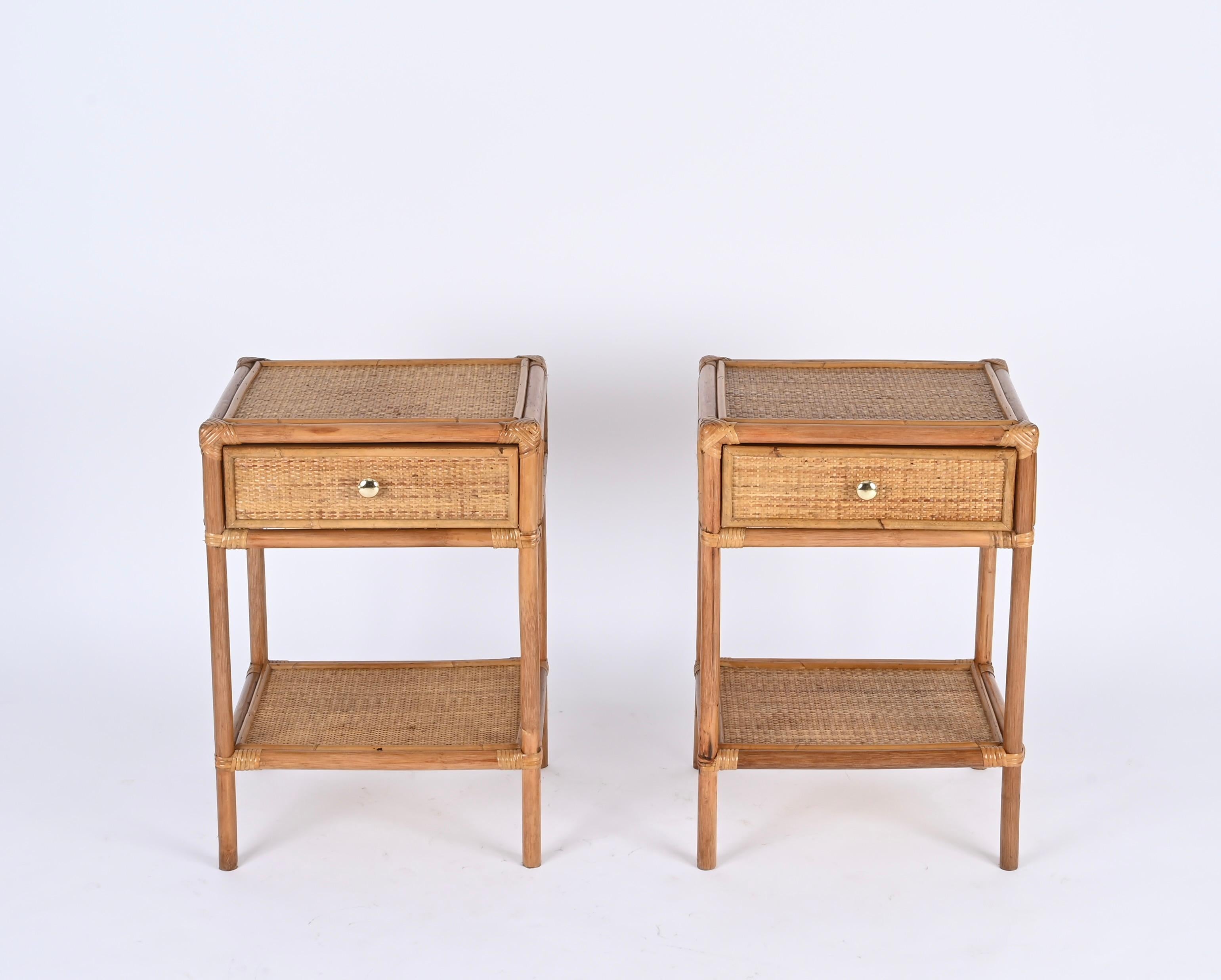 Pair of French Riviera Nightstands in Bamboo, Rattan and Brass, Italy 1970s 4